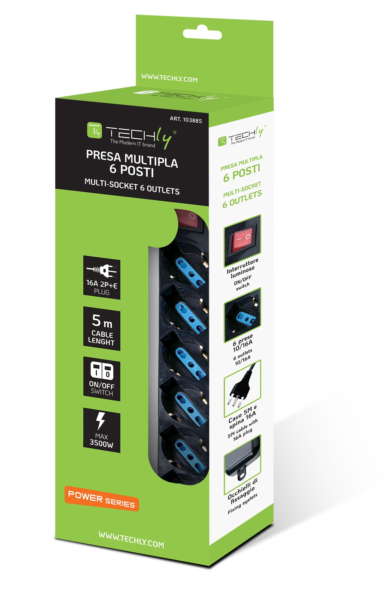 Multipresa 6 Posti Italiana Bipasso con Interruttore Cavo 5m Nero TECHLY - immagine 2