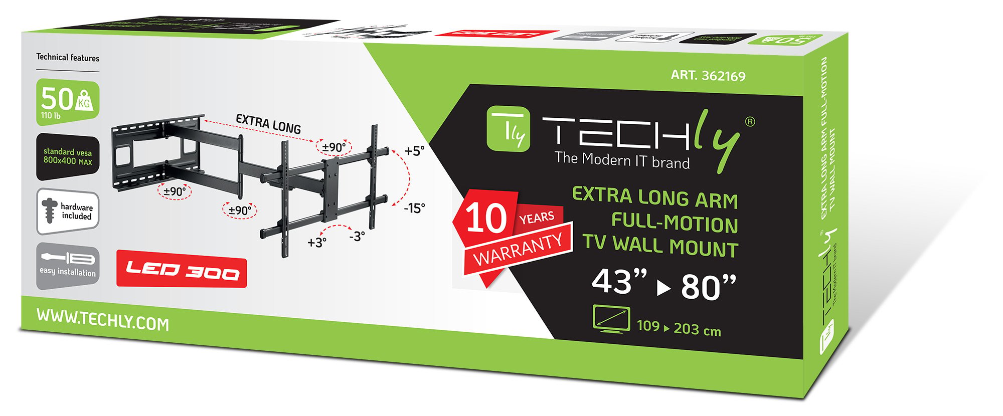Staffa a Muro Braccio Estensibile fino a 1015 mm per LCD 43-80'' Nero TECHLY - immagine 2