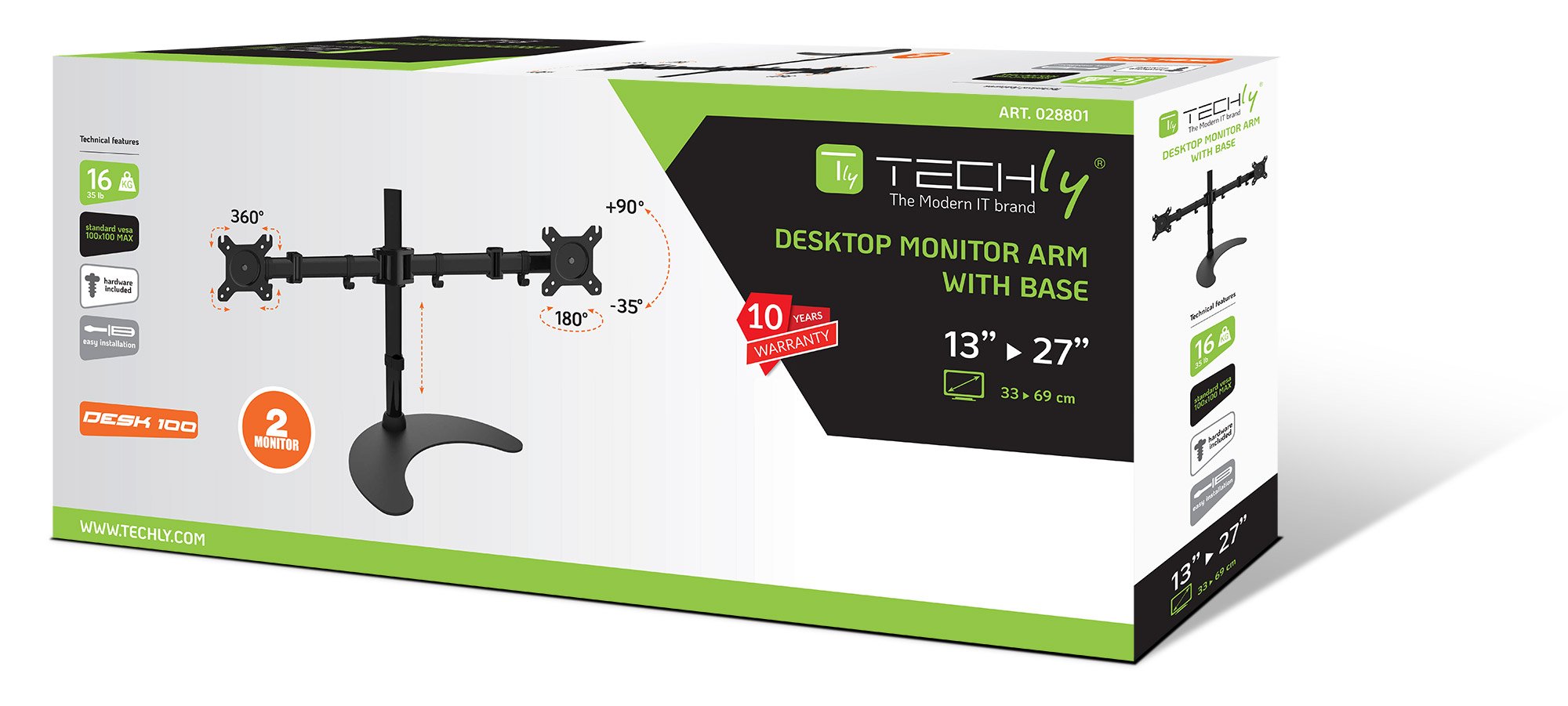 Supporto da scrivania per 2 Monitor 13-27'' con base h.400m TECHLY - immagine 2