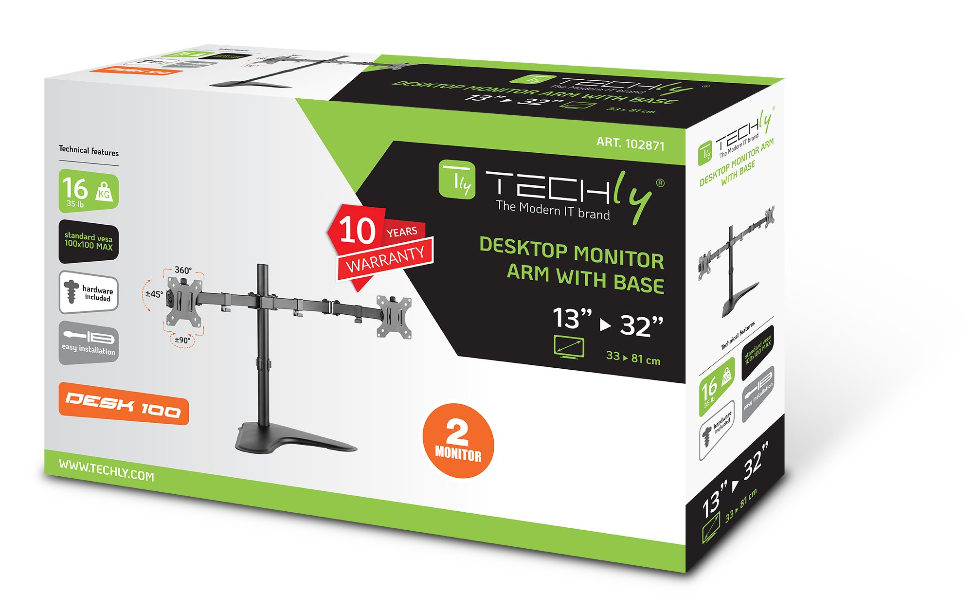 Supporto da scrivania per 2 Monitor 13-32'' con base TECHLY - immagine 2