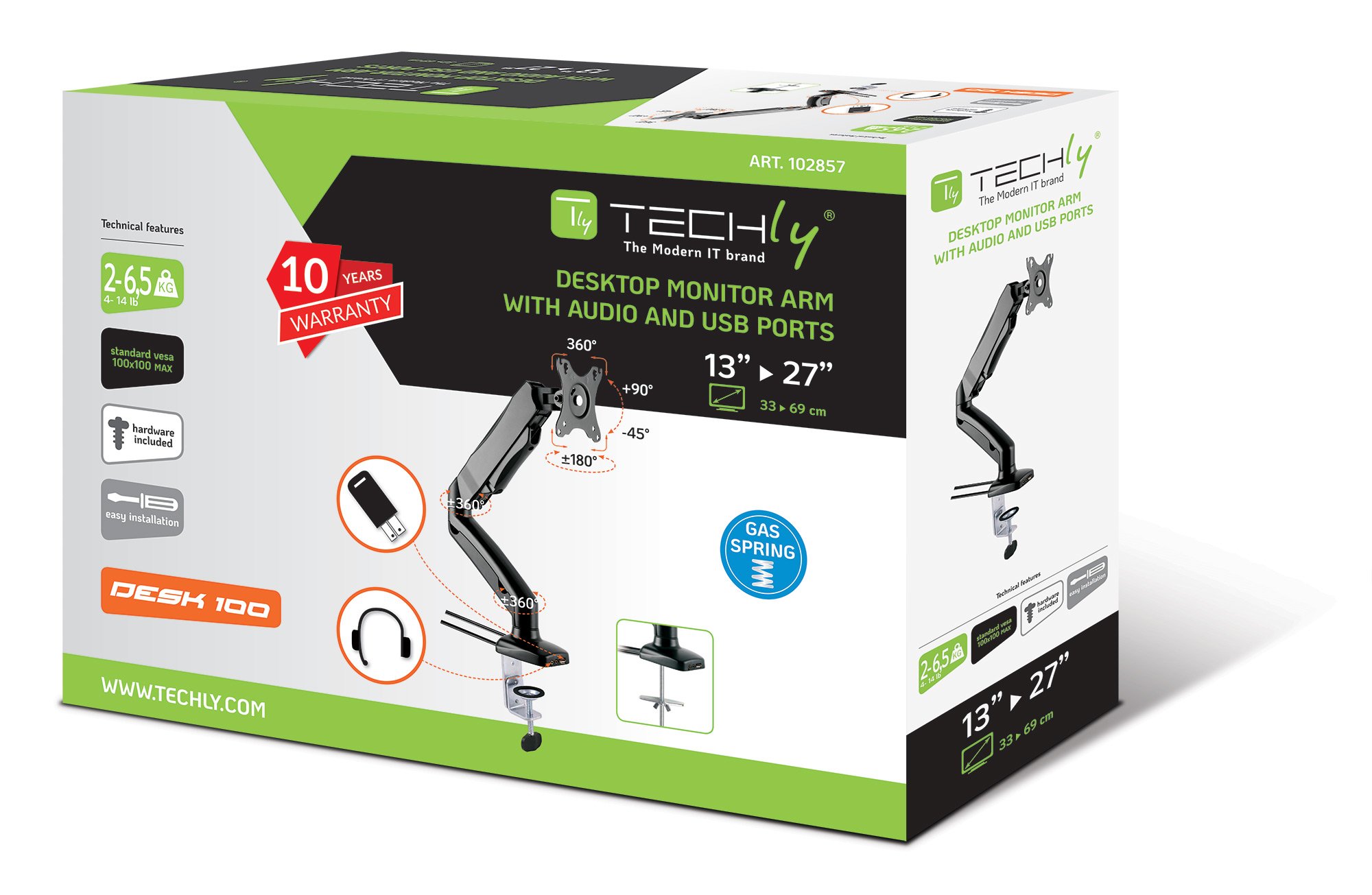 Supporto da Scrivania per Monitor 13-27'' con USB e audio TECHLY - immagine 2