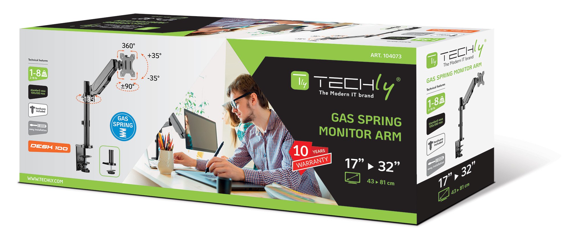Supporto da Scrivania per Monitor 17-32'' con Molla a Gas Estensione 306 mm TECHLY - immagine 2