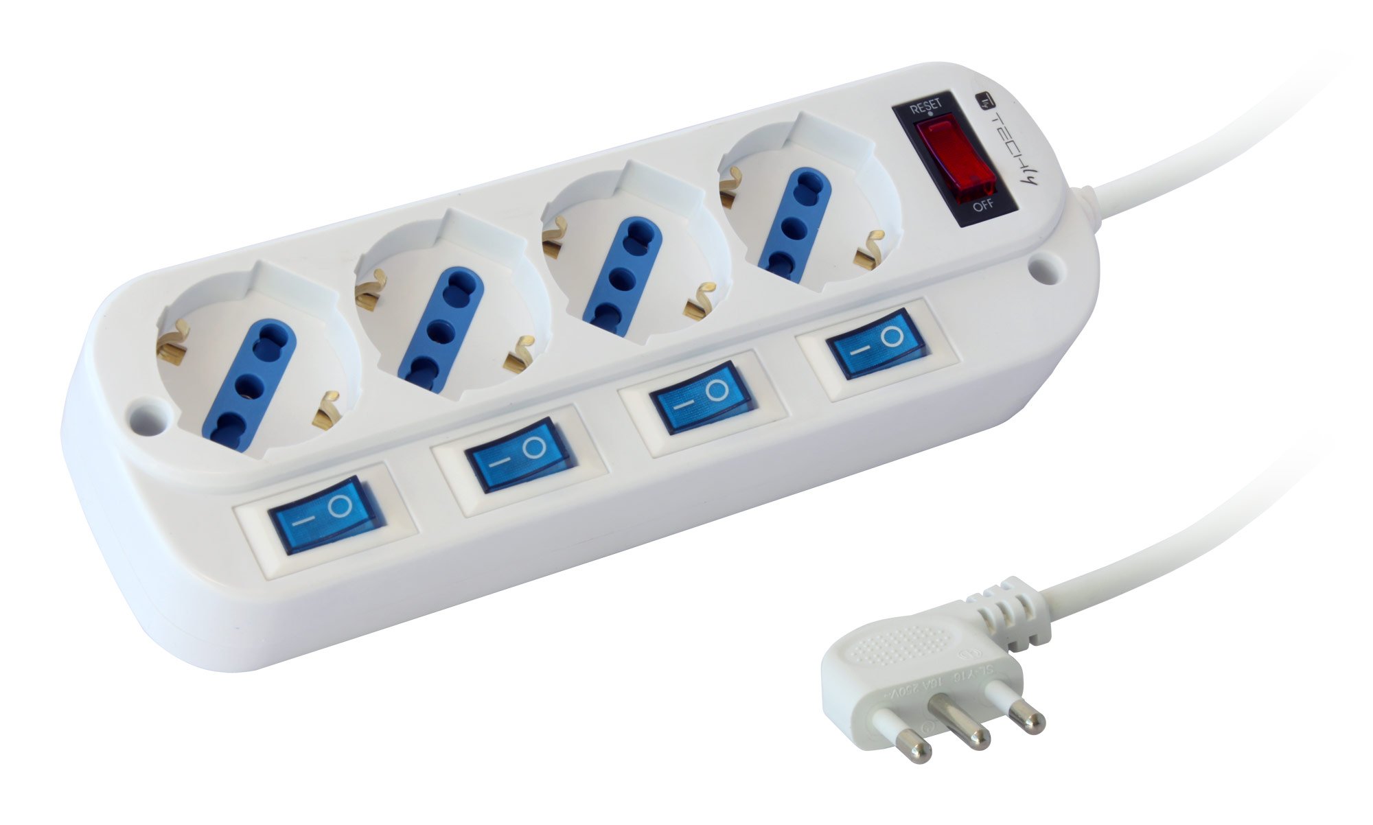 Multipresa 4 Posti Bipasso con Interruttori Indipendenti e Protezione da Sovraccarico TECHLY