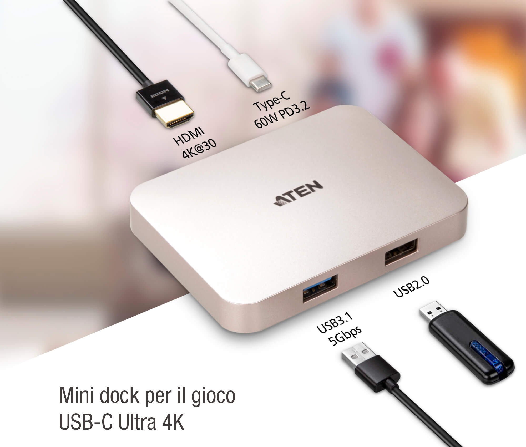Mini dock ultra USB-C 4K con pass-through dell'alimentazione, UH3235 ATEN - immagine 3