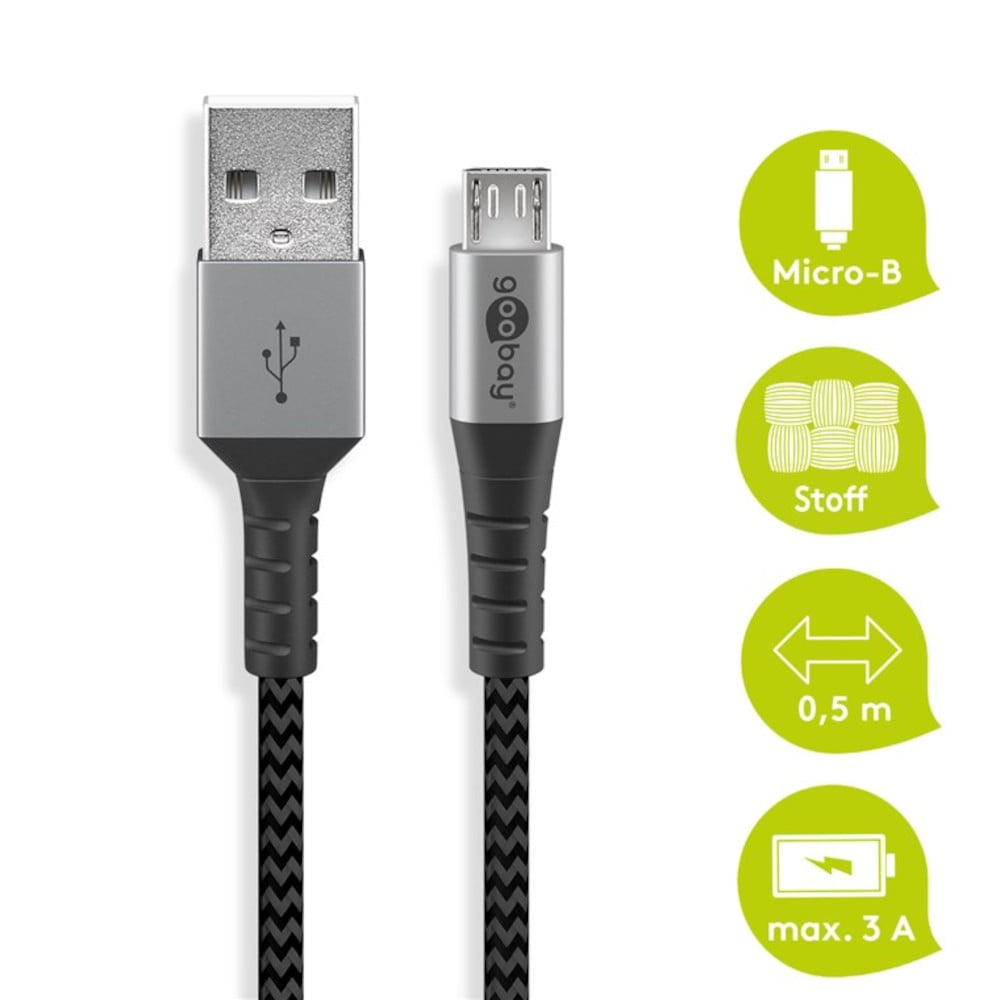 Cavo Micro USB Guaina Intrecciata USB2.0 A M/MicroB M 0,5m Nero/Silver GOOBAY - immagine 3