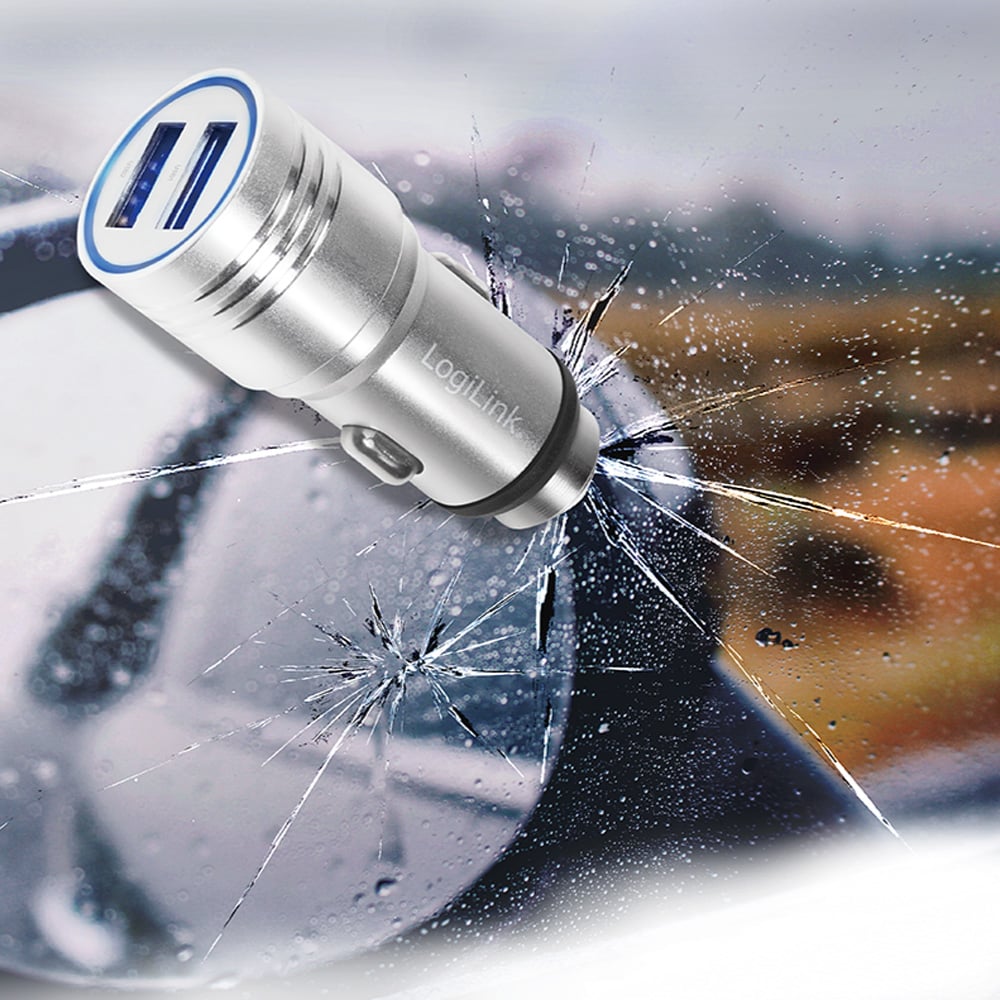 Caricatore da Auto in Alluminio 2x USB 10,5W Rompivetro di Emergenza LOGILINK - immagine 2