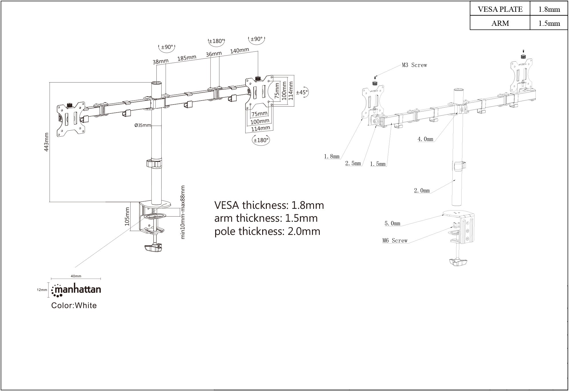 Supporto da Scrivania per 2 Monitor 13-32'' con Morsetto MANHATTAN - immagine 3
