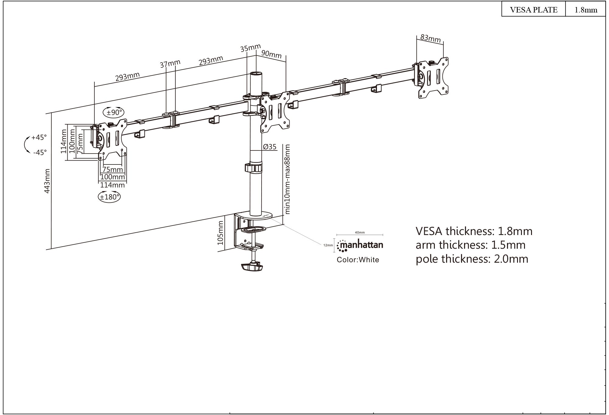 Supporto da Scrivania per 3 Monitor 13-27'' con Morsetto MANHATTAN - immagine 3