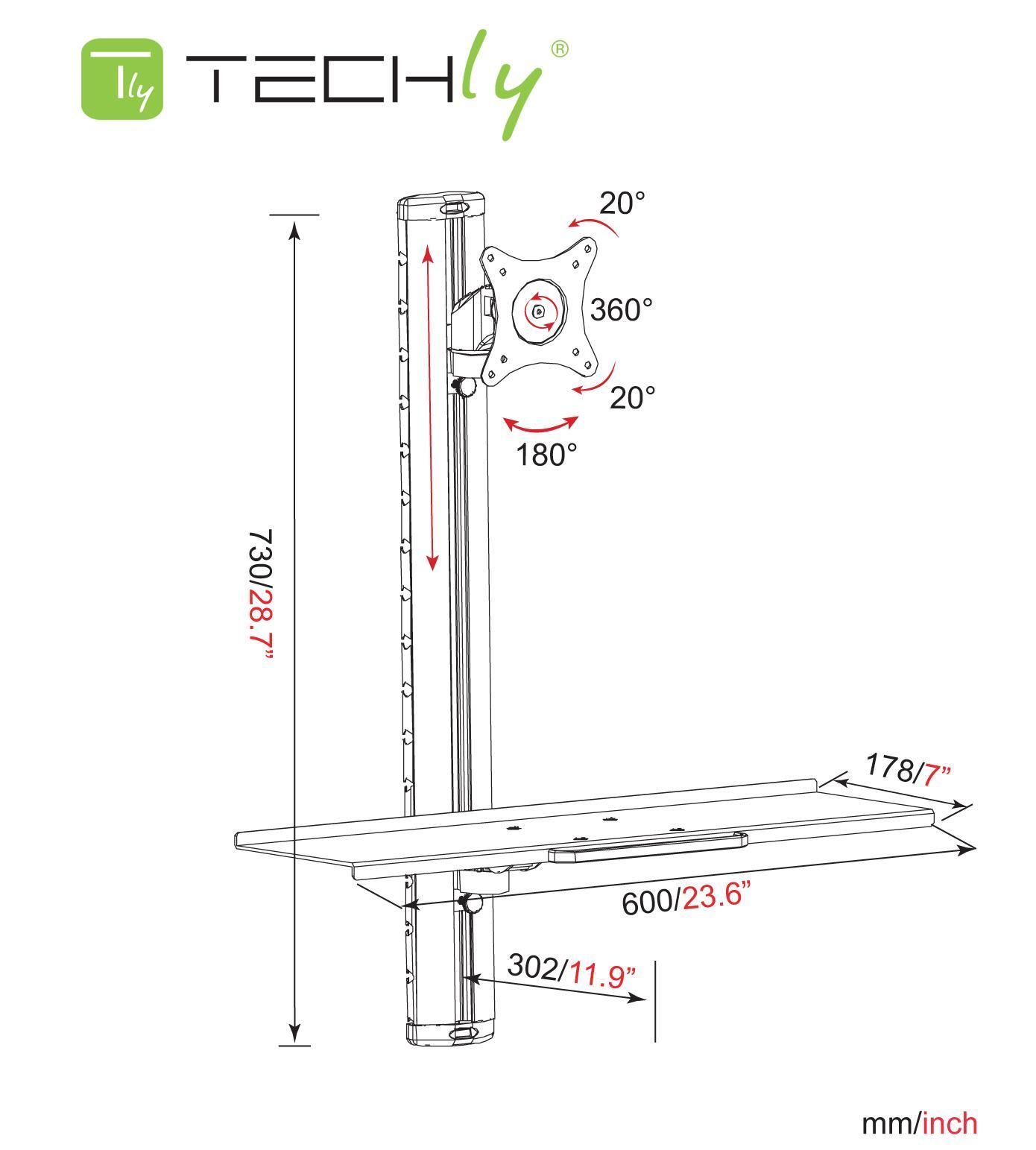 Postazione di lavoro a parete con supporto monitor e ripiano tastiera TECHLY - immagine 3