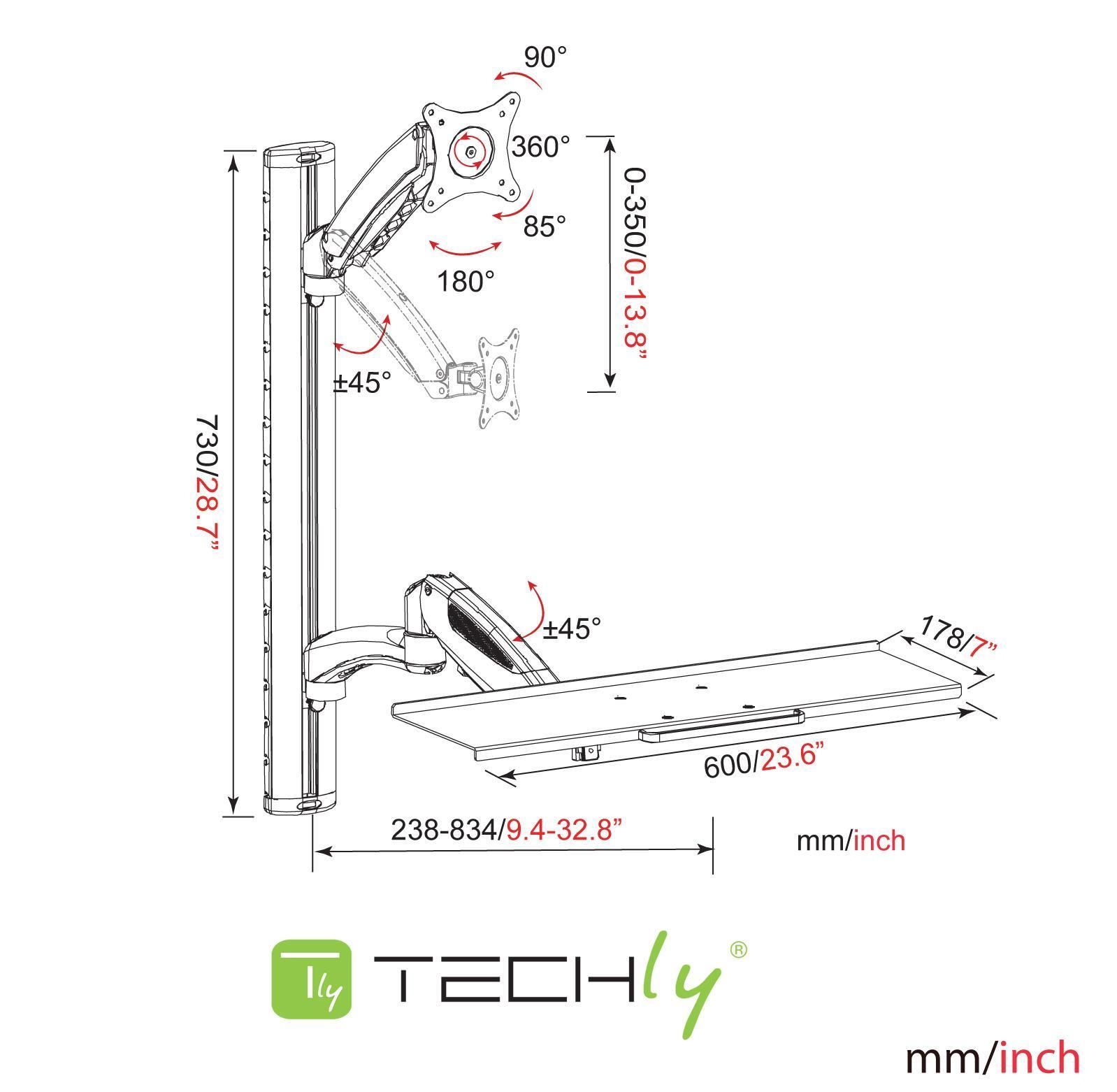 Postazione di lavoro a parete con supporto monitor e ripiano tastiera estensibile TECHLY - immagine 3