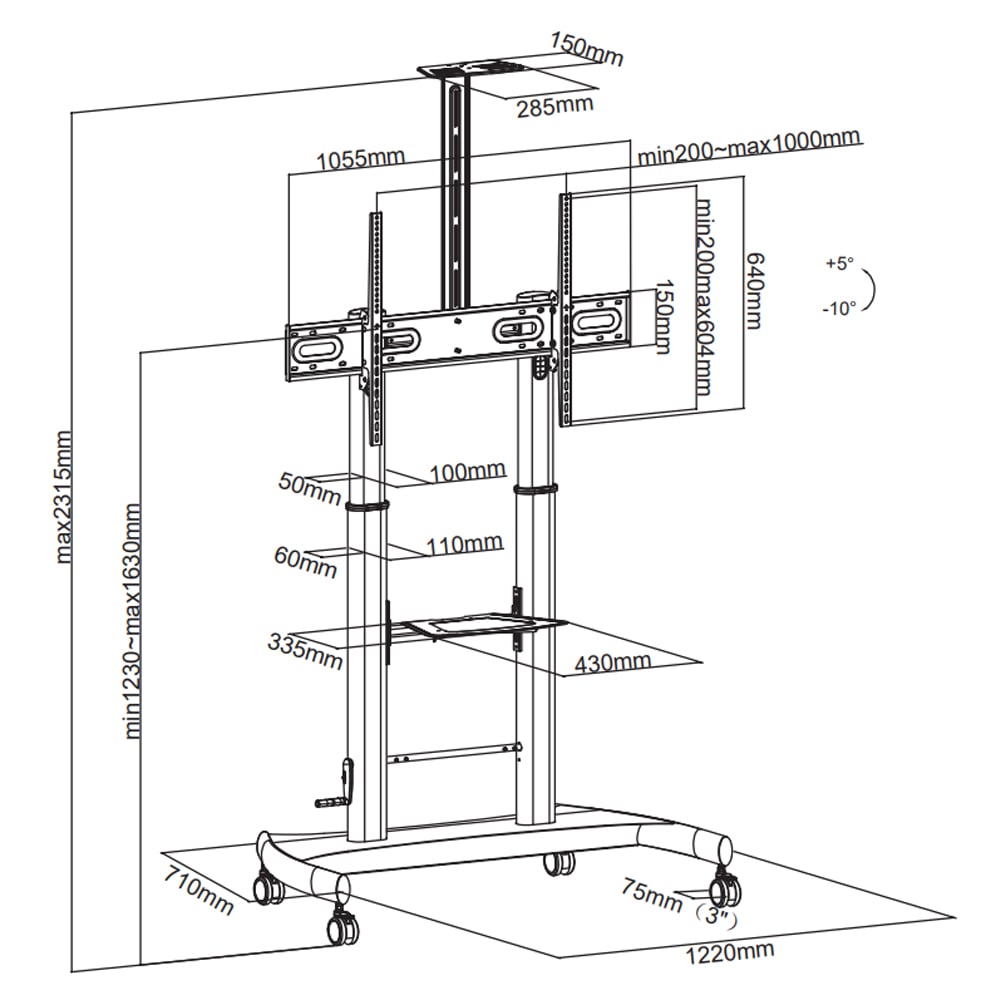 Supporto a pavimento per TV con regolazione manuale altezza, in acciaio, per TV da 60'' a 100'' TECHLY - immagine 2