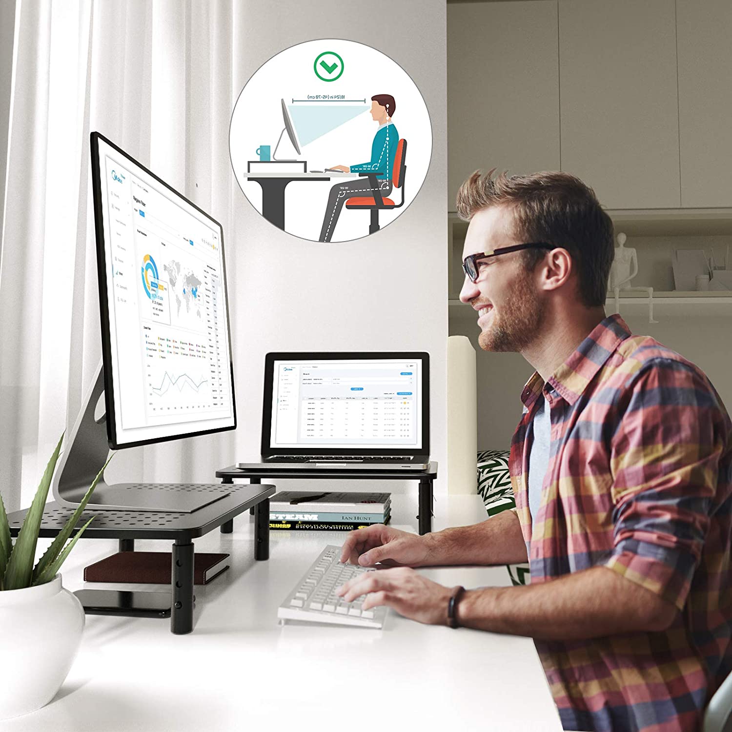 Supporto per Monitor Ergonomico Regolabile con 3 Altezze in Metallo Nero TECHLY - immagine 5