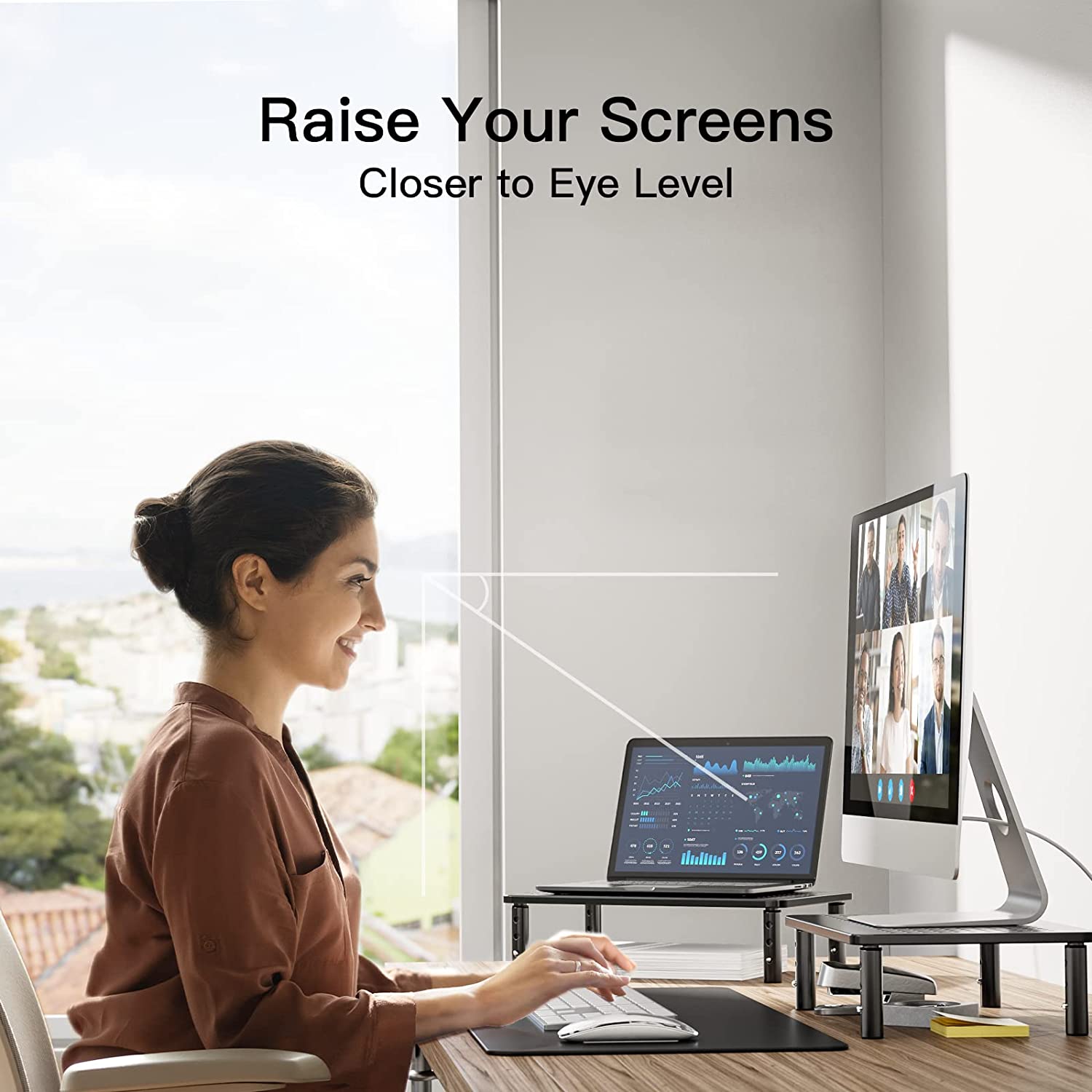 Supporto per Monitor Ergonomico Regolabile con 3 Altezze in Metallo Nero TECHLY - immagine 6