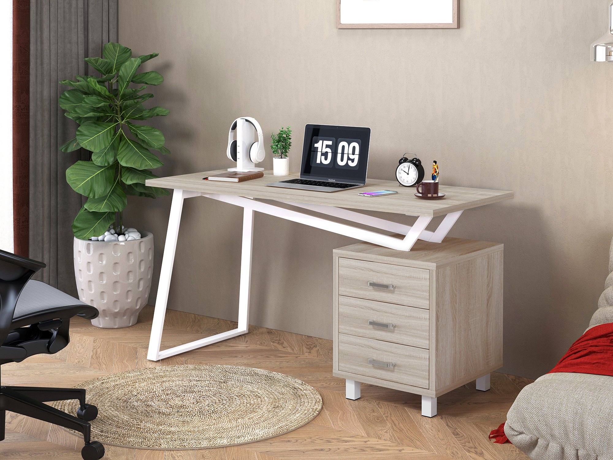 Scrivania per Computer dal Design Moderno con Tre Cassetti Quercia TECHLY - immagine 4
