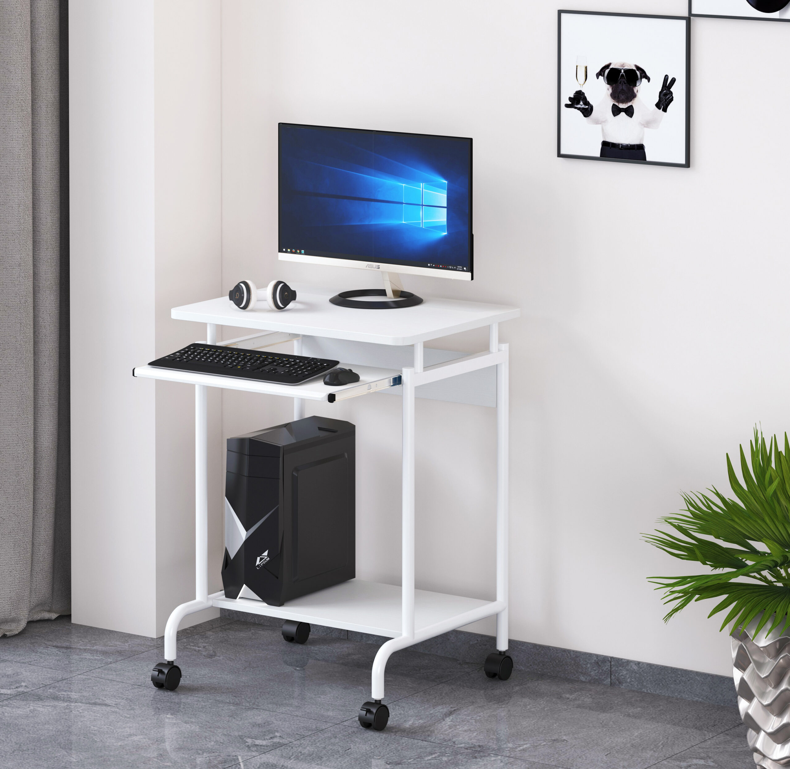 Scrivania Mobile ''Compact'' per Computer Ripiano Tastiera Scorrevole Bianco TECHLY - immagine 4