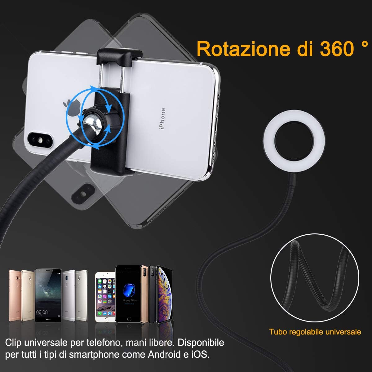 Luce LED Anello Portatile Regolazione Luminosità e Stand Smartphone LOGILINK - immagine 4