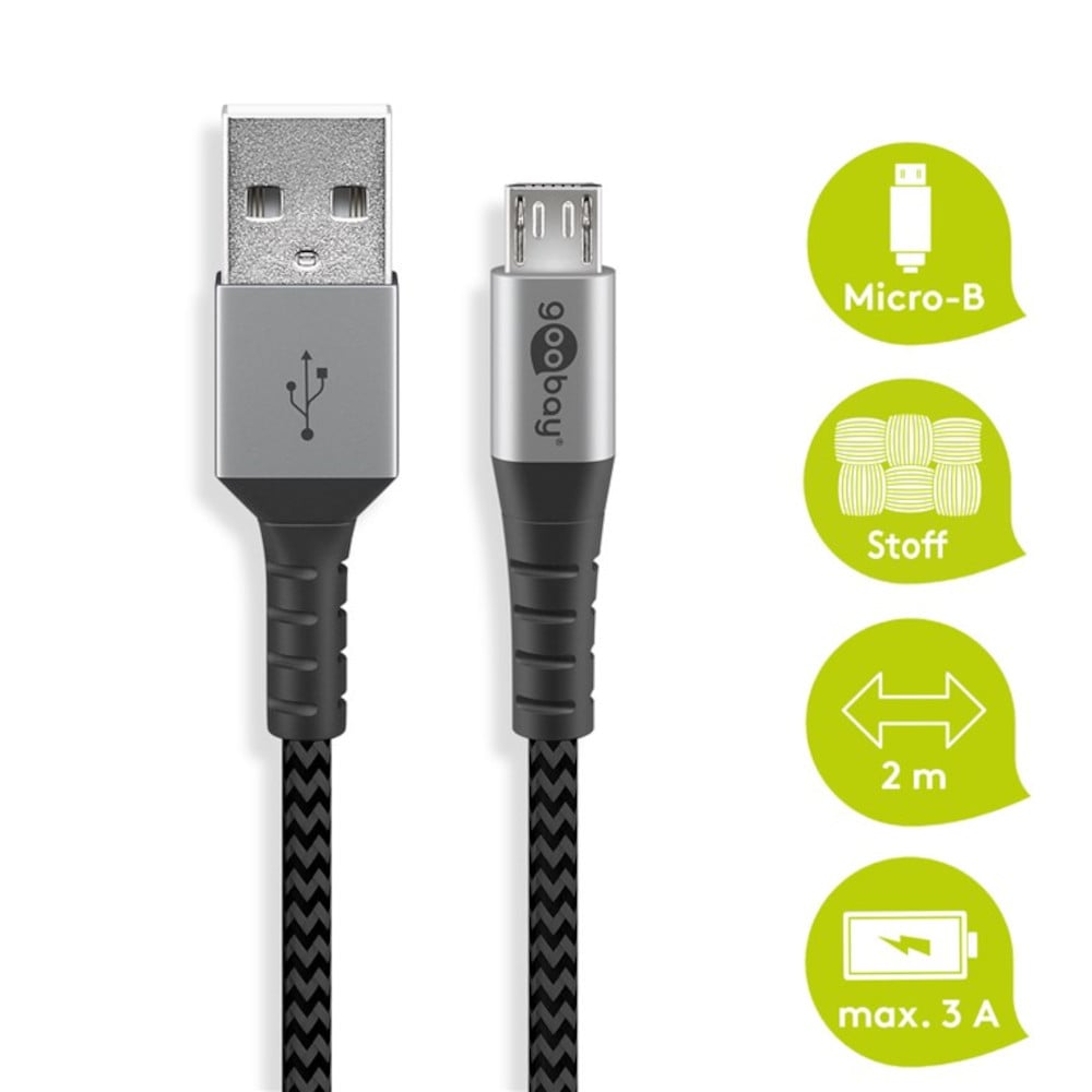 Cavo Micro USB Guaina Intrecciata USB2.0 A M/MicroB M 2 m Nero/Silver GOOBAY - immagine 5