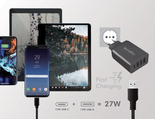 Caricatore da Muro a 4 porte con USB-C™ 27W LOGILINK - immagine 3