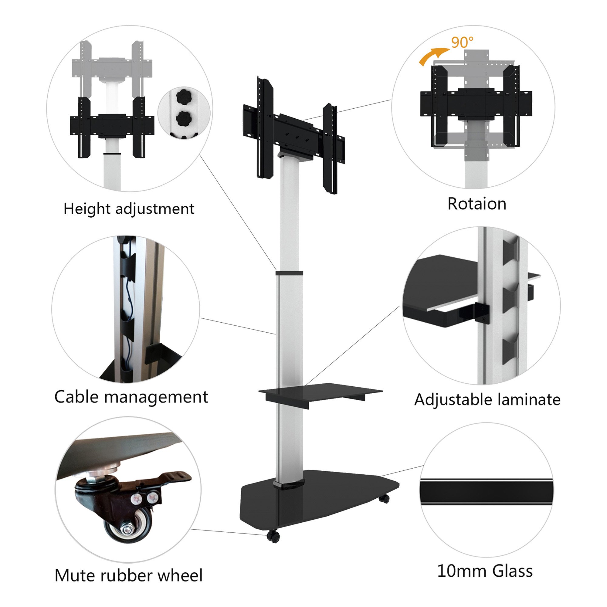 Supporto a Pavimento con Mensola Trolley TV LCD/LED/Plasma 37-70'' Bianco TECHLY - immagine 4