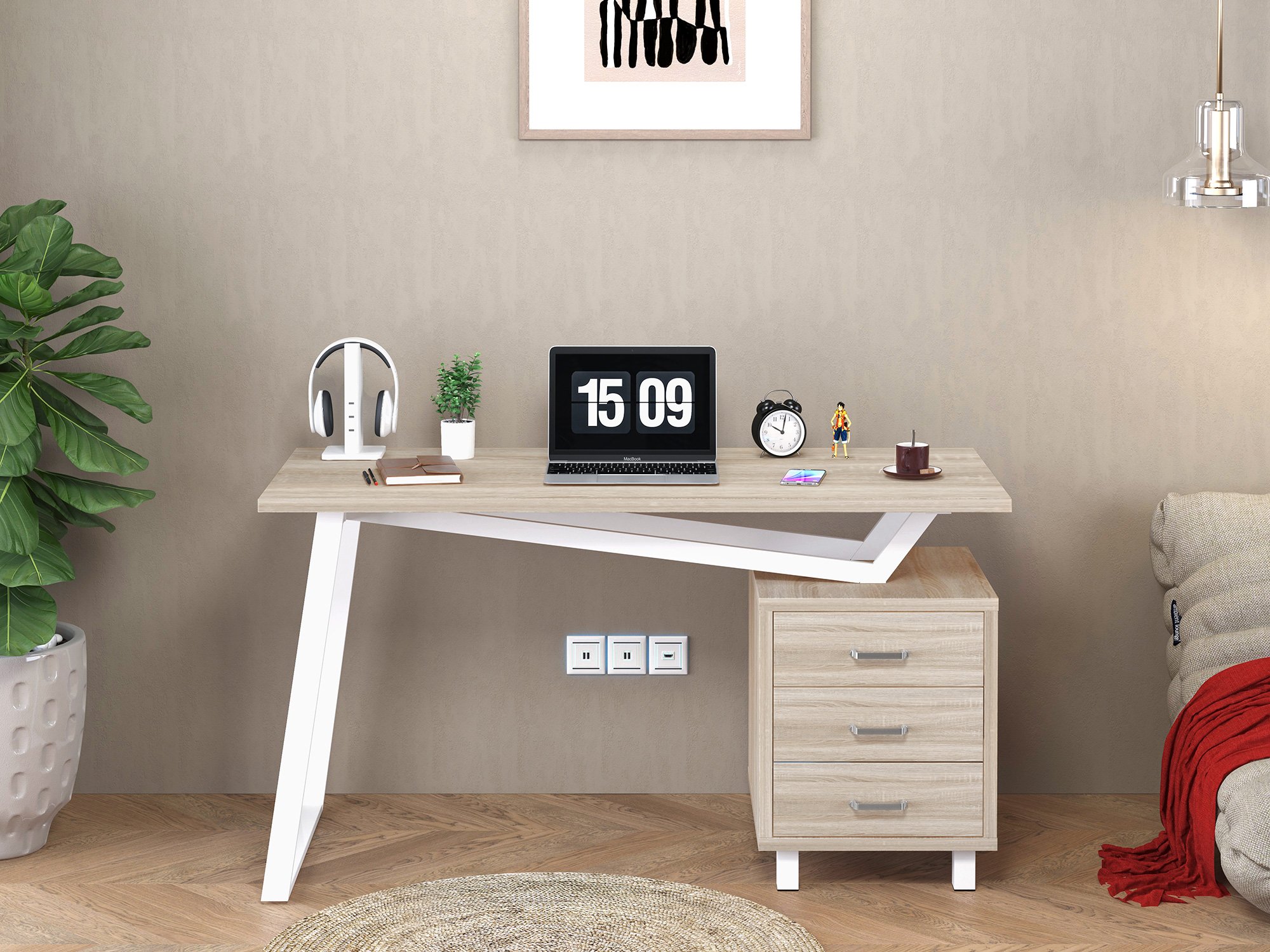 Scrivania per Computer dal Design Moderno con Tre Cassetti Quercia TECHLY - immagine 5