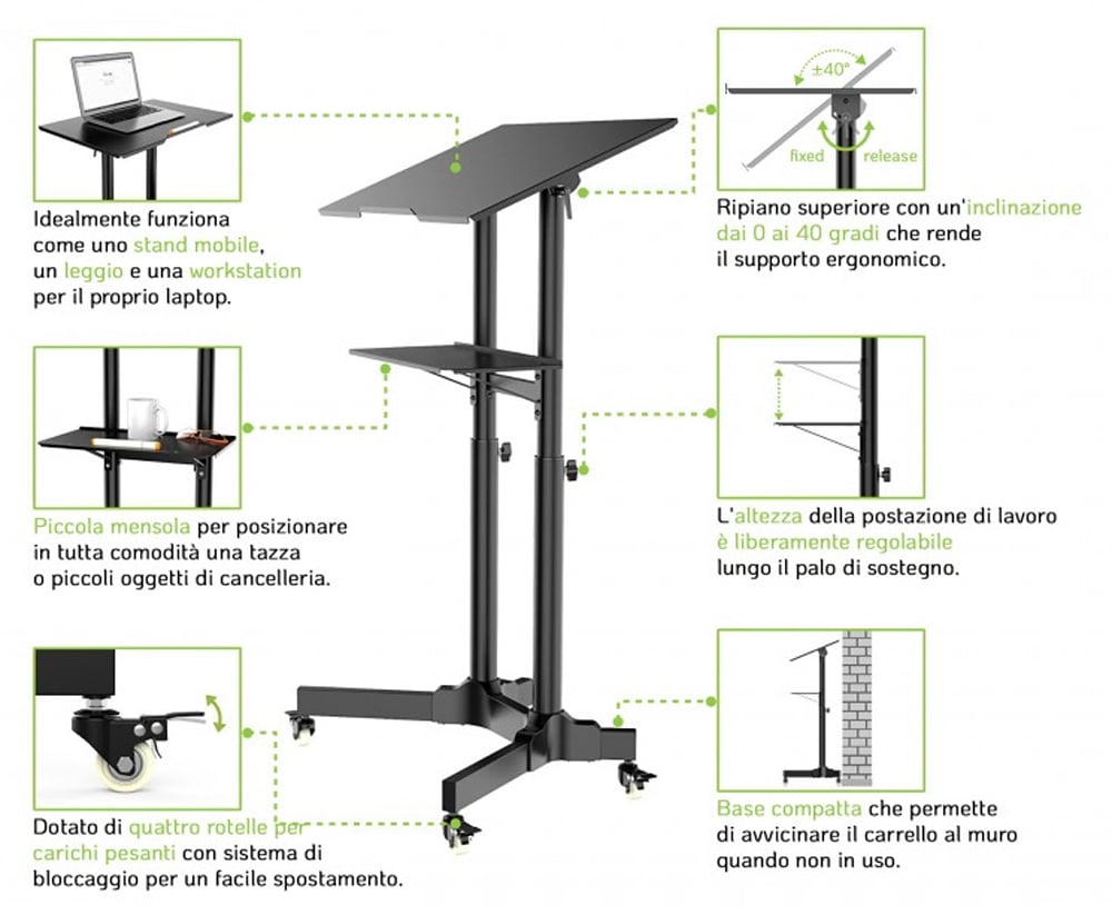 Postazione di Lavoro Supporto Laptop con Mensola Altezza Regolabile TECHLY - immagine 5