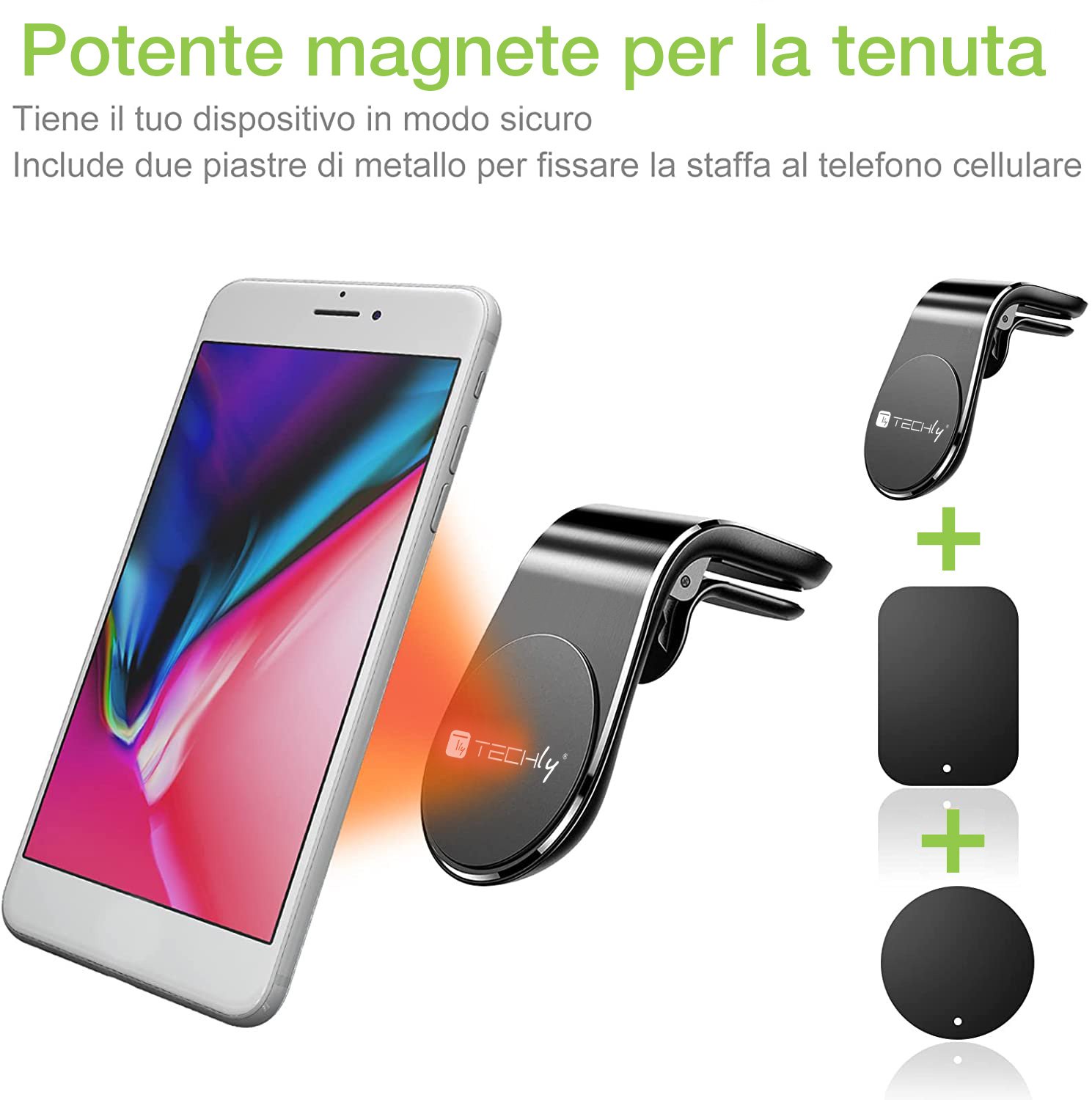 Supporto Magnetico da Auto per Smartphone con Due Placche Metalliche Universali TECHLY - immagine 4