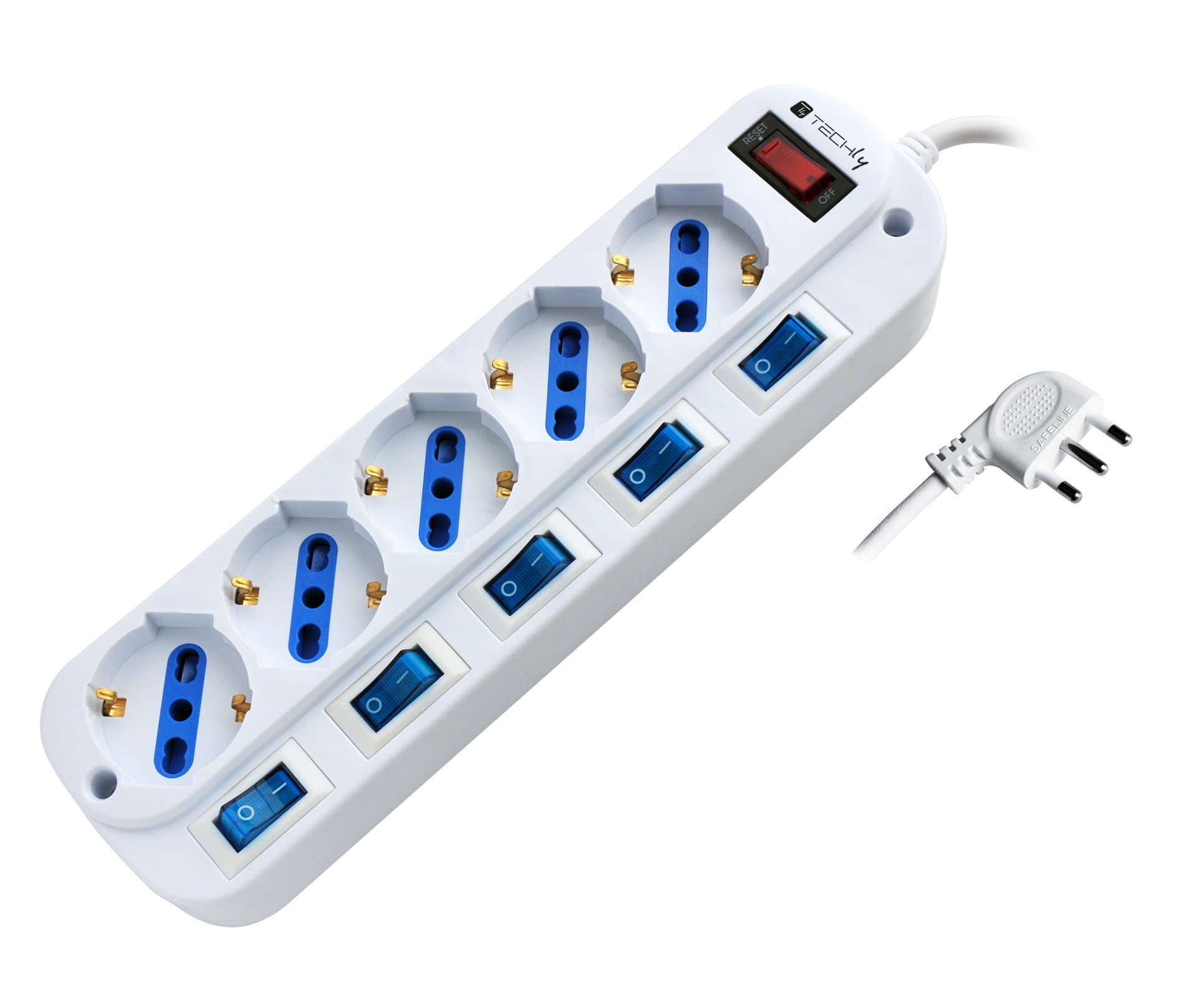 Multipresa 5 Posti Bipasso con Interruttori indipendenti e protezione da sovraccarico TECHLY
