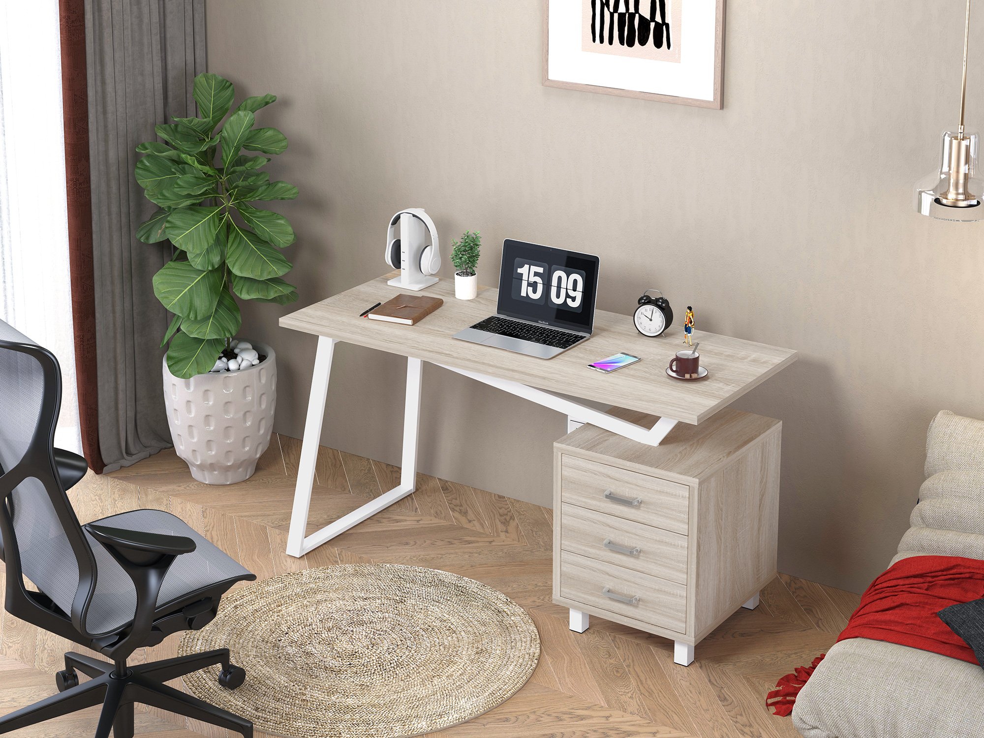 Scrivania per Computer dal Design Moderno con Tre Cassetti Quercia TECHLY - immagine 6