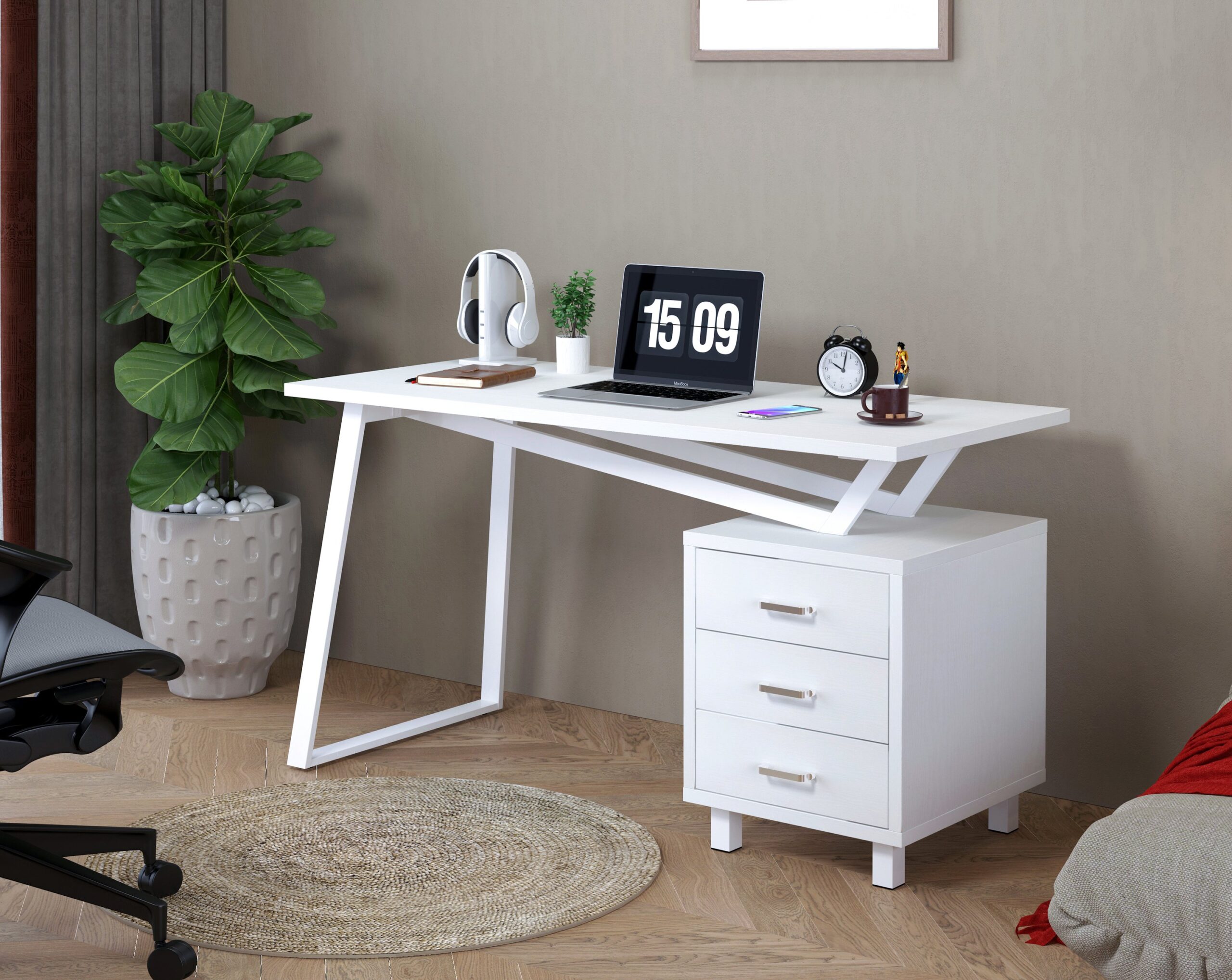 Scrivania per Computer con Tre Cassetti Bianco opaco effetto legno TECHLY - immagine 6