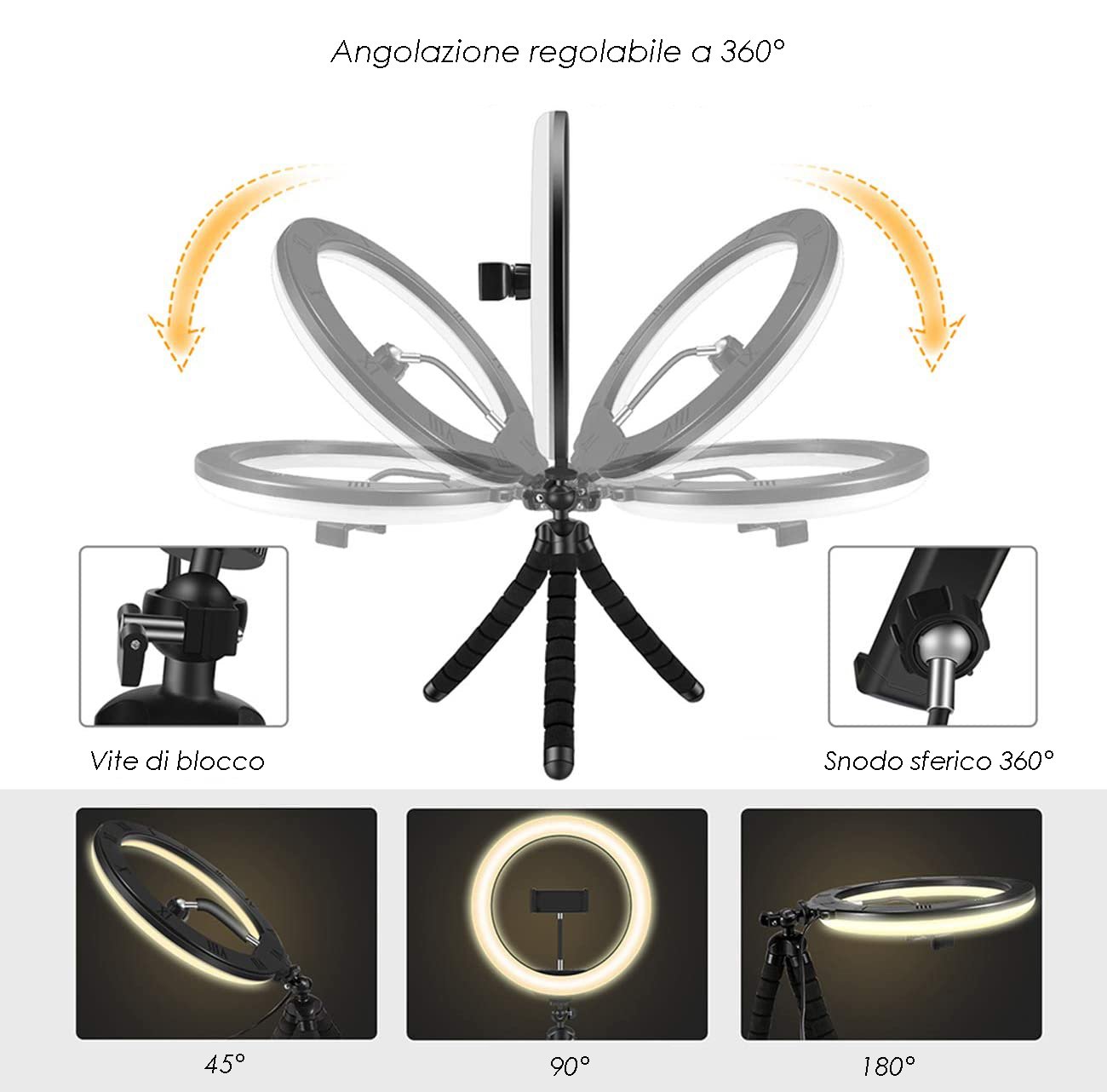 Luce LED Anello 20cm per 1/4'' Regolazione Luminosità Stand Smartphone LOGILINK - immagine 5