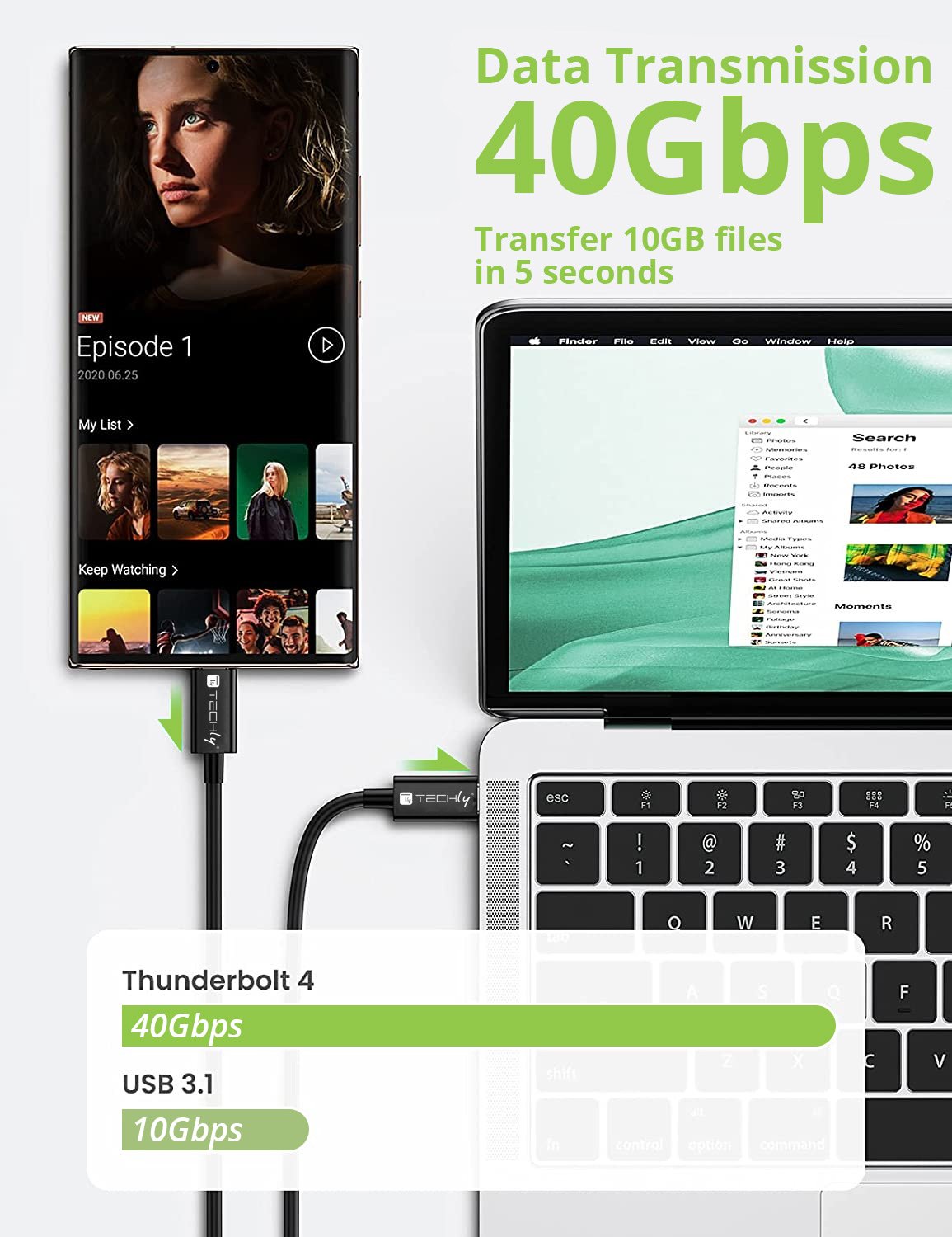 Cavo USB 4 Gen 3 Type-C™ Thunderbolt M/M E-Mark 8K 40Gbps 100W PD 0,8m Nero TECHLY - immagine 5