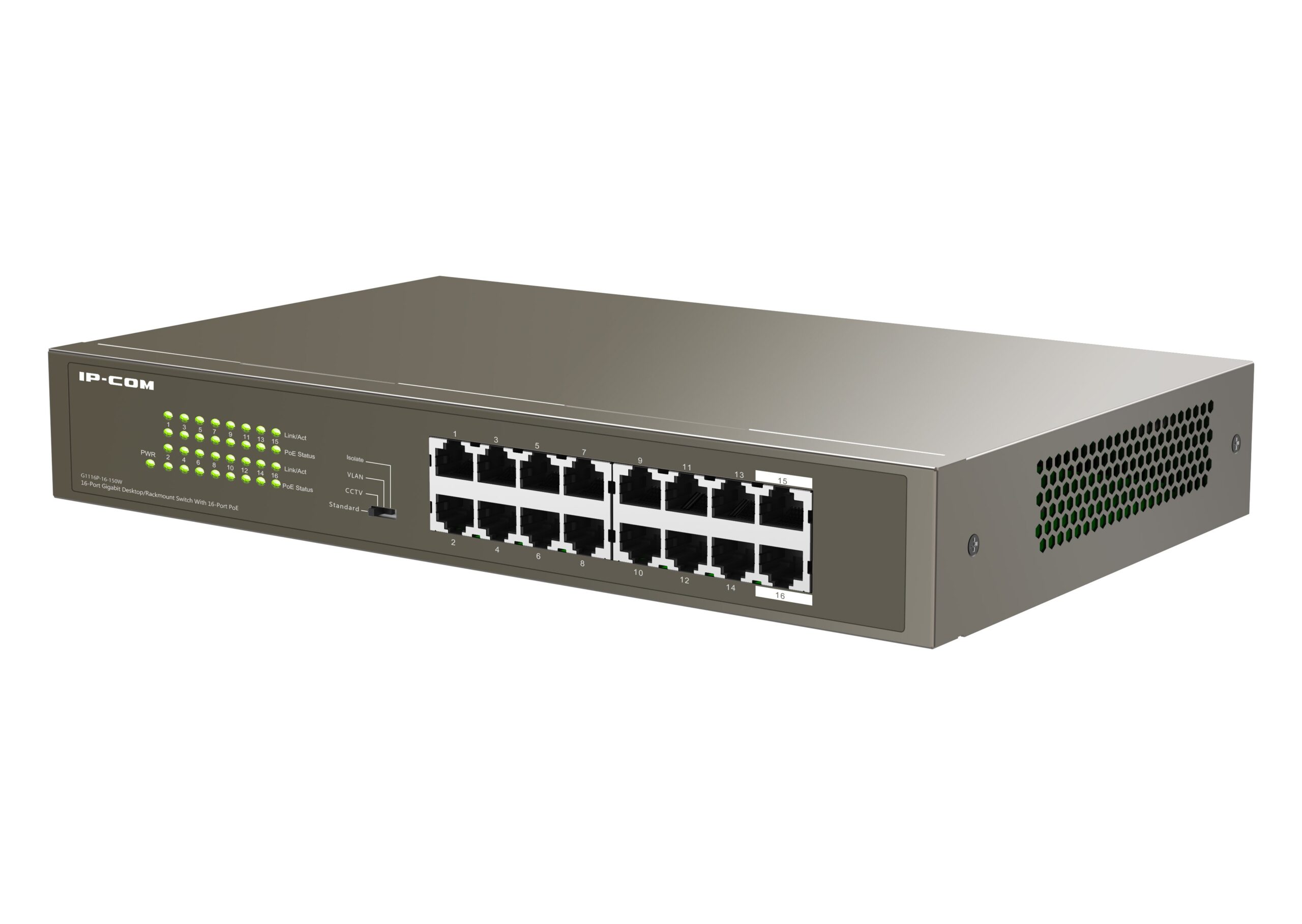 Switch 16 Porte Gigabit Desktop/Rack con 16 porte PoE+ IP-COM