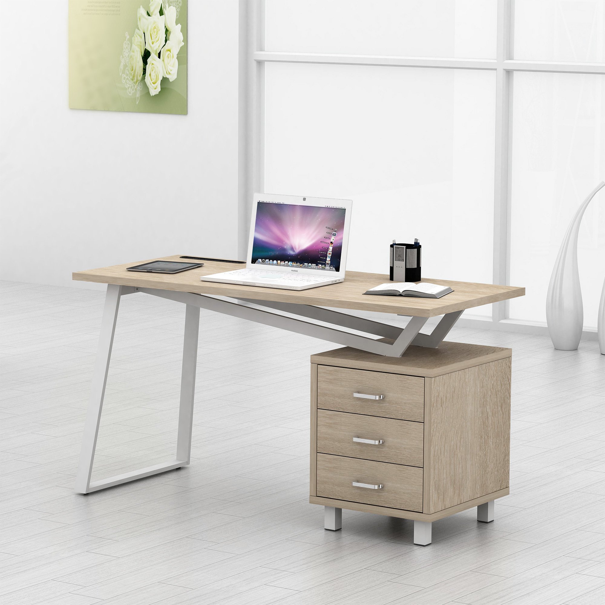 Scrivania per Computer dal Design Moderno con Tre Cassetti Quercia TECHLY - immagine 7
