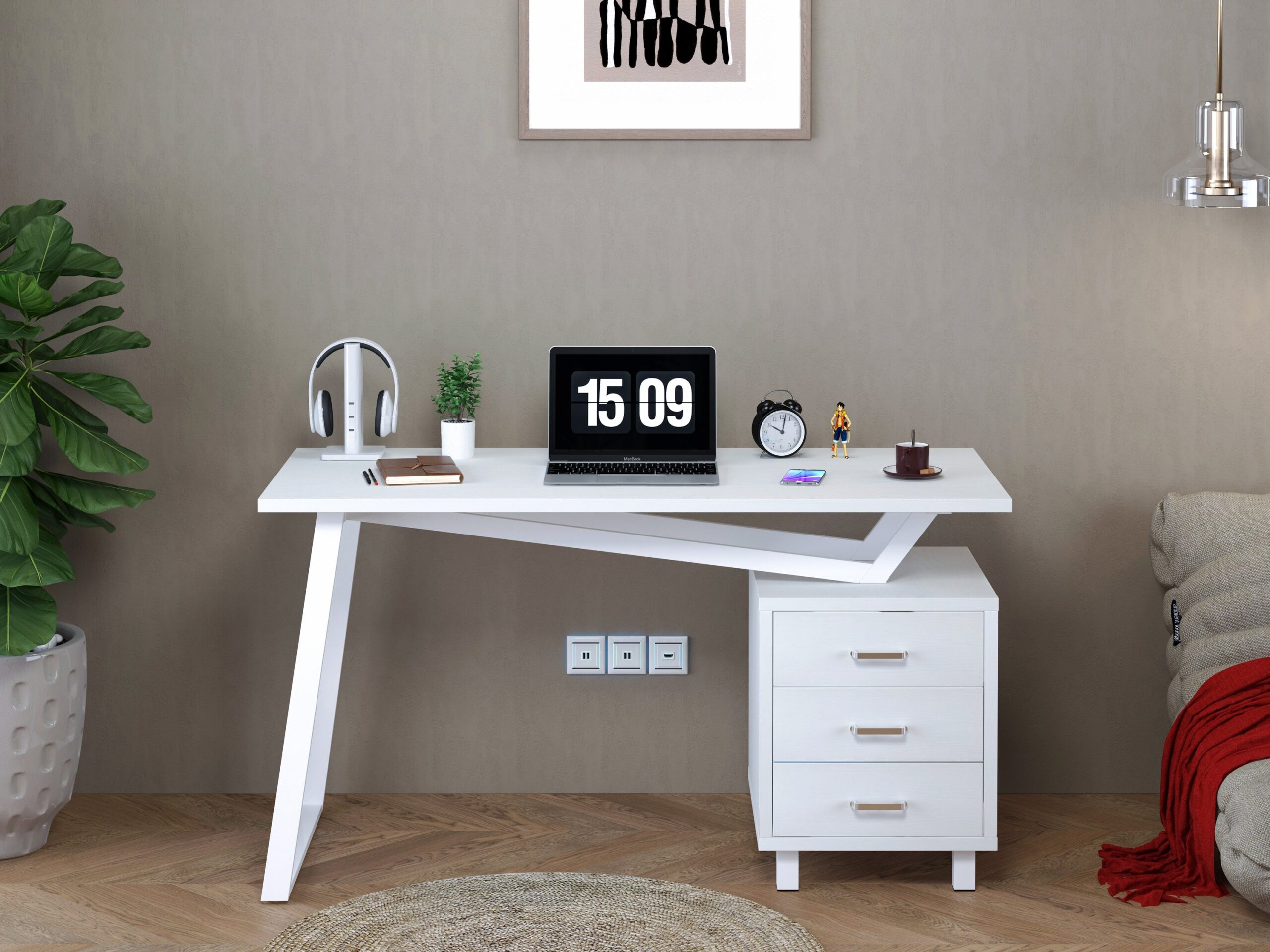 Scrivania per Computer con Tre Cassetti Bianco opaco effetto legno TECHLY - immagine 7