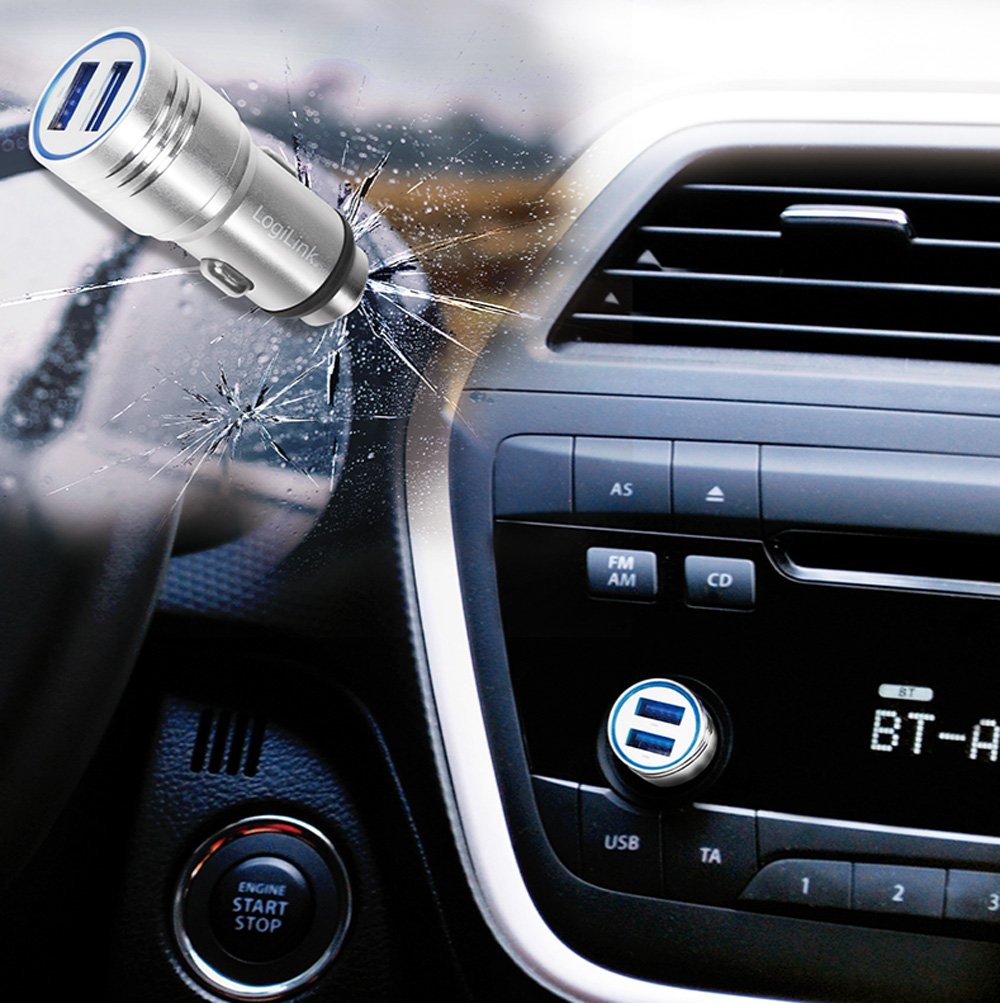 Caricatore da Auto in Alluminio 2x USB 10,5W Rompivetro di Emergenza LOGILINK - immagine 6