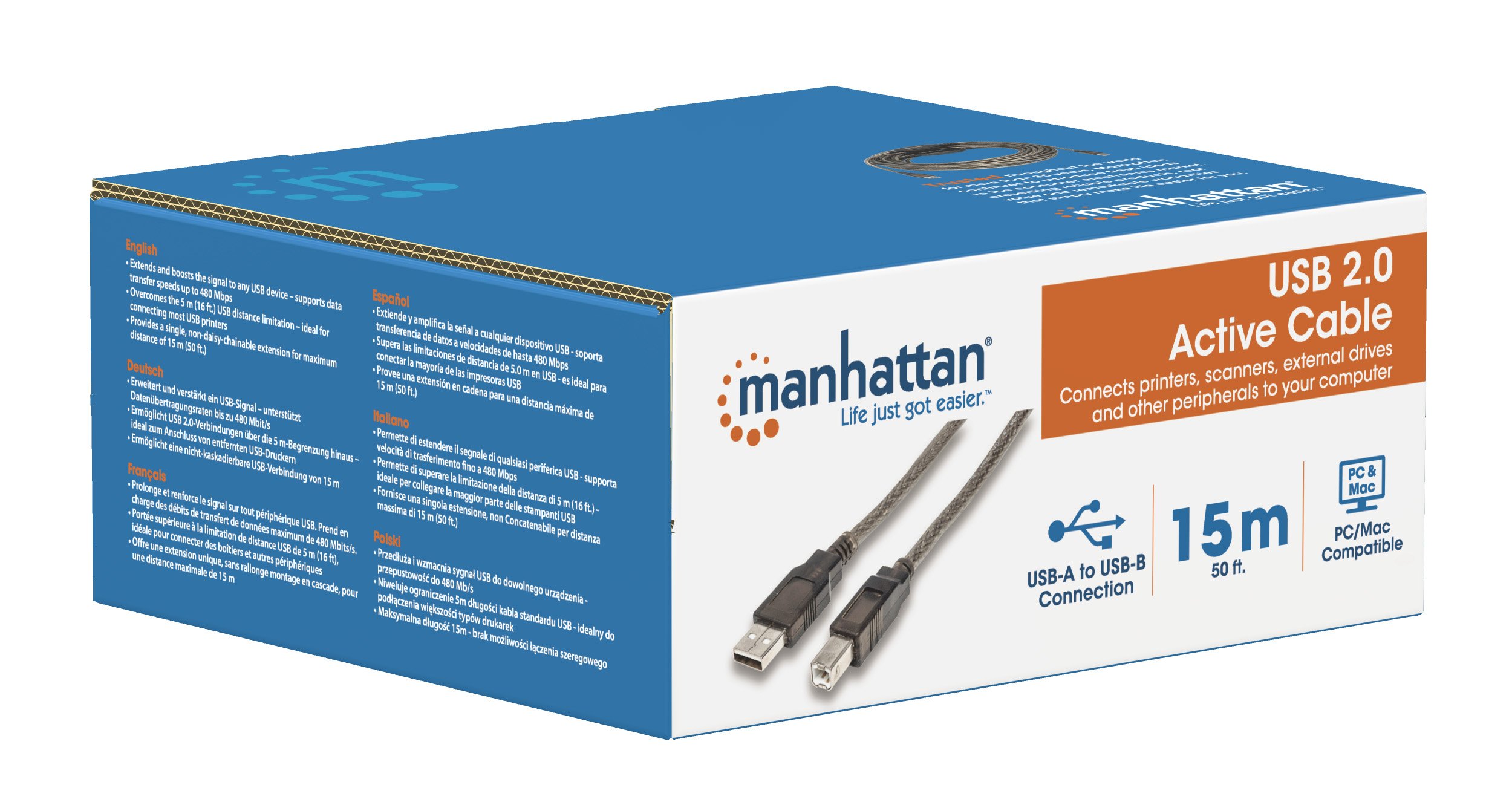 Cavo Prolunga Attivo USB 2.0 Hi-Speed A M / B M 15m Nero MANHATTAN - immagine 7
