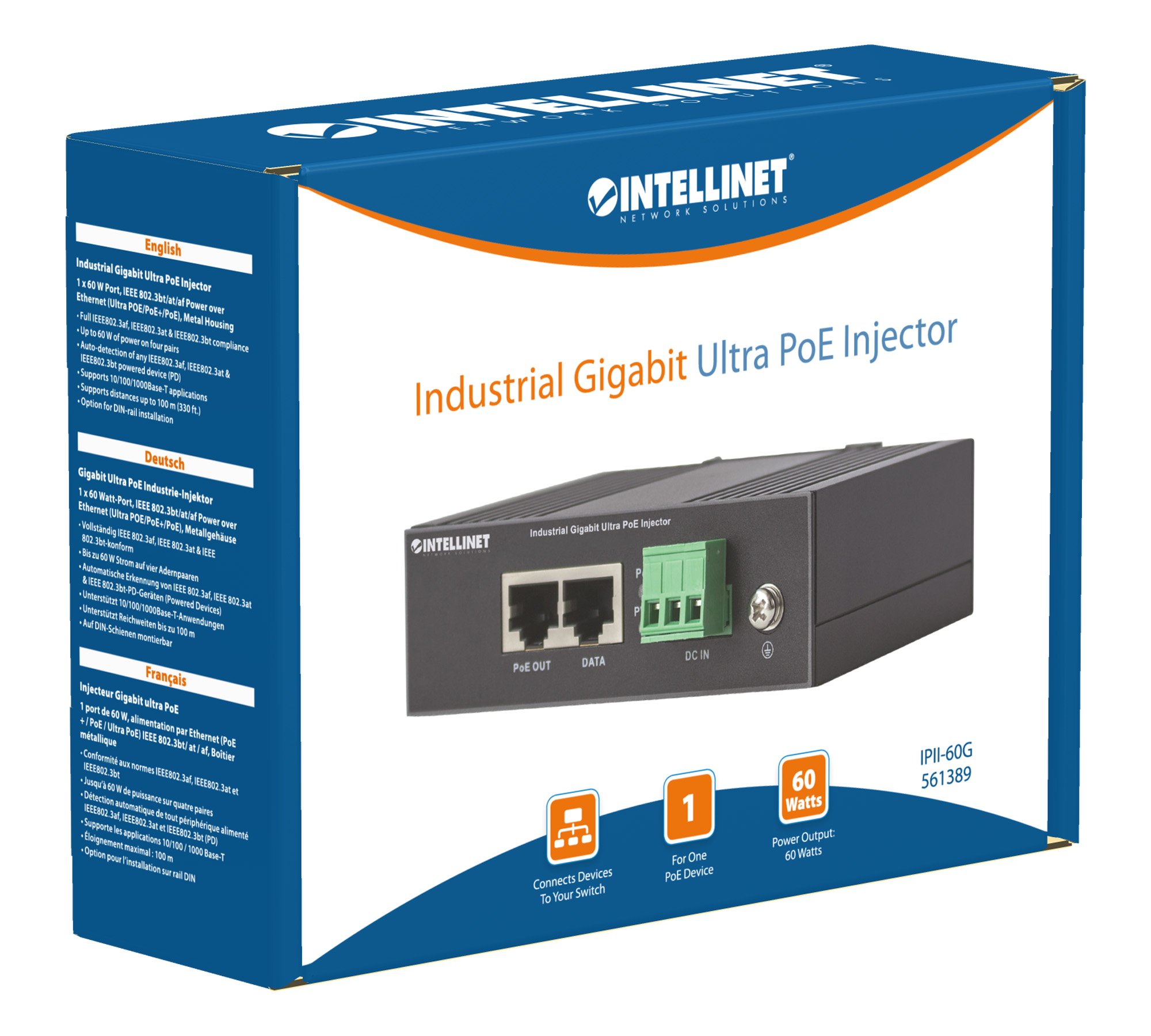 Iniettore Industriale per Guida DIN Gigabit Ultra PoE 60W INTELLINET - immagine 7