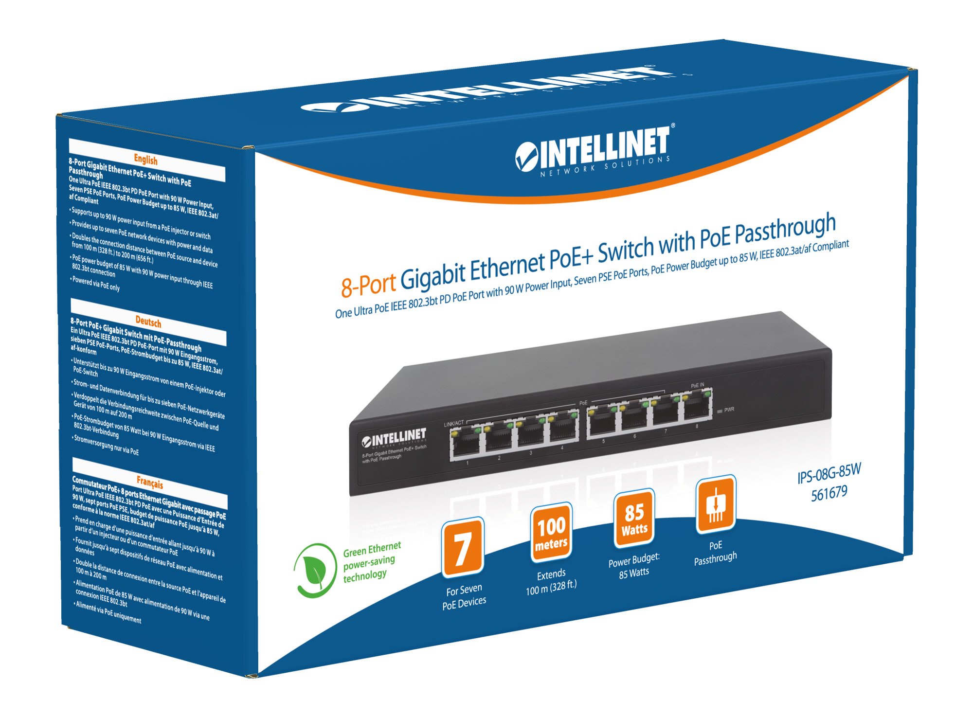 Switch PoE+ Gigabit Ethernet a 8 porte con passthrough PoE INTELLINET - immagine 7