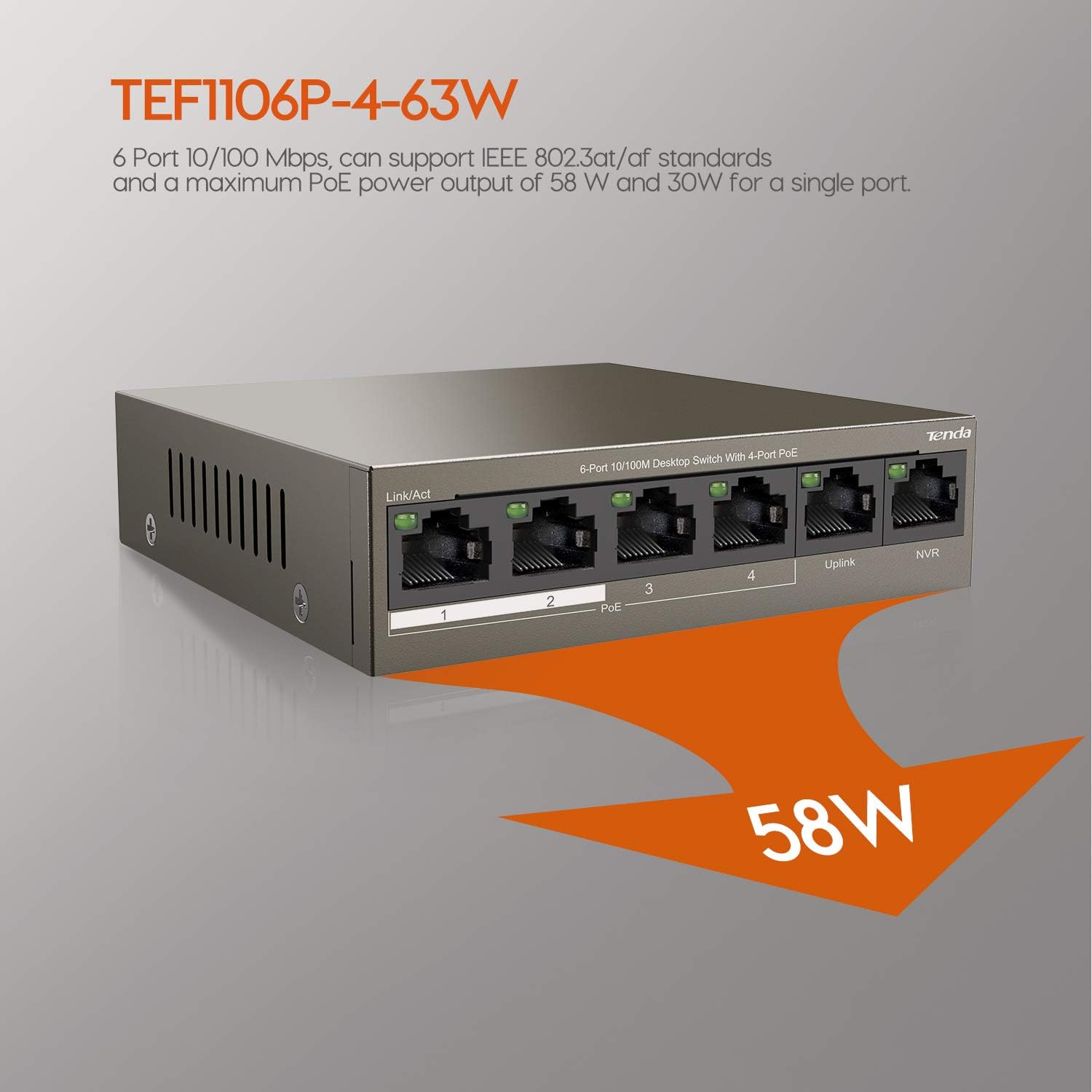Switch Desktop 6 porte 10/100M con 4 Porte PoE 63W TEF1106P4-63W TENDA - immagine 8