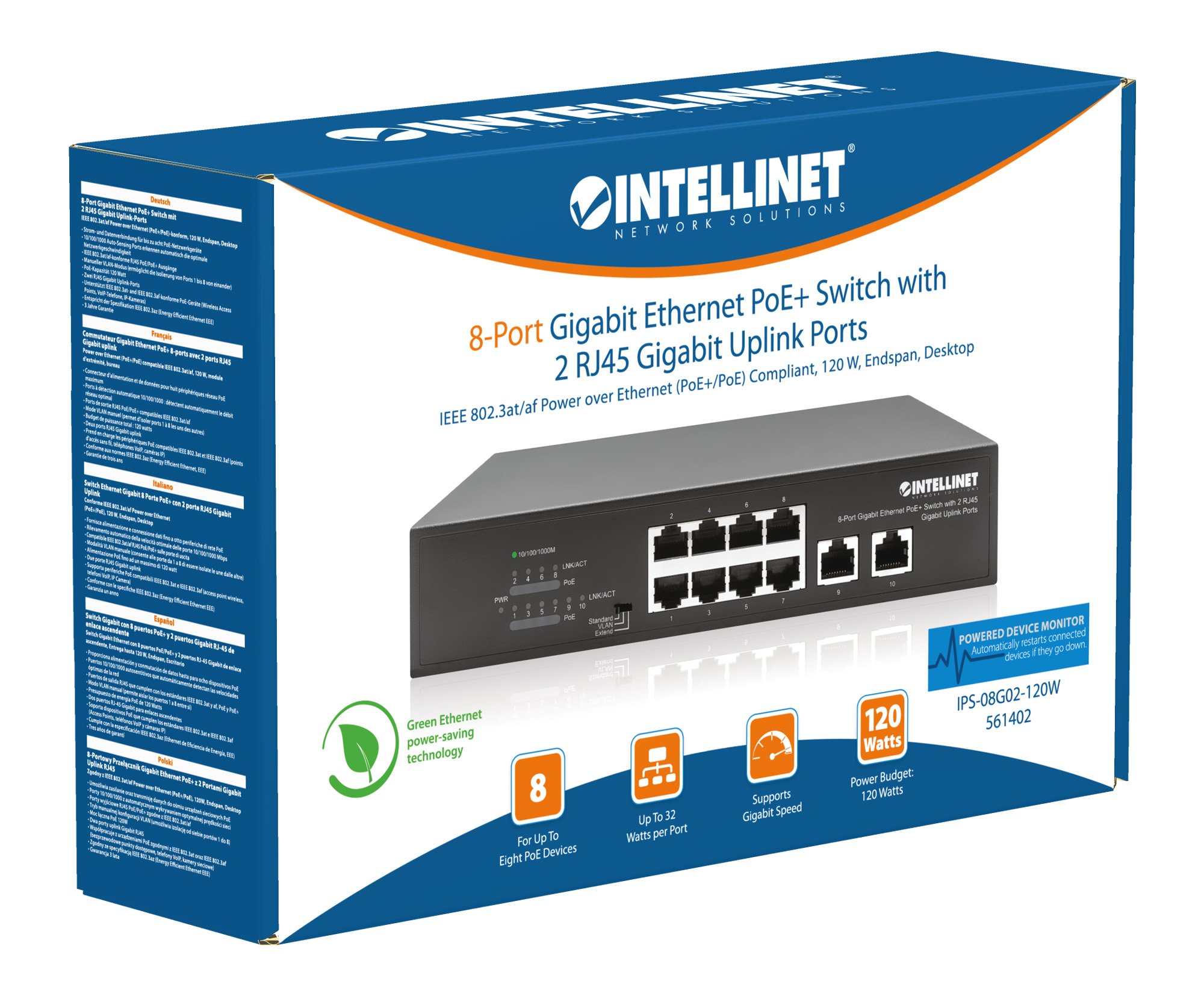 Switch Ethernet Gigabit 8 Porte PoE+ con 2 porte RJ45 Gigabit Uplink INTELLINET - immagine 7