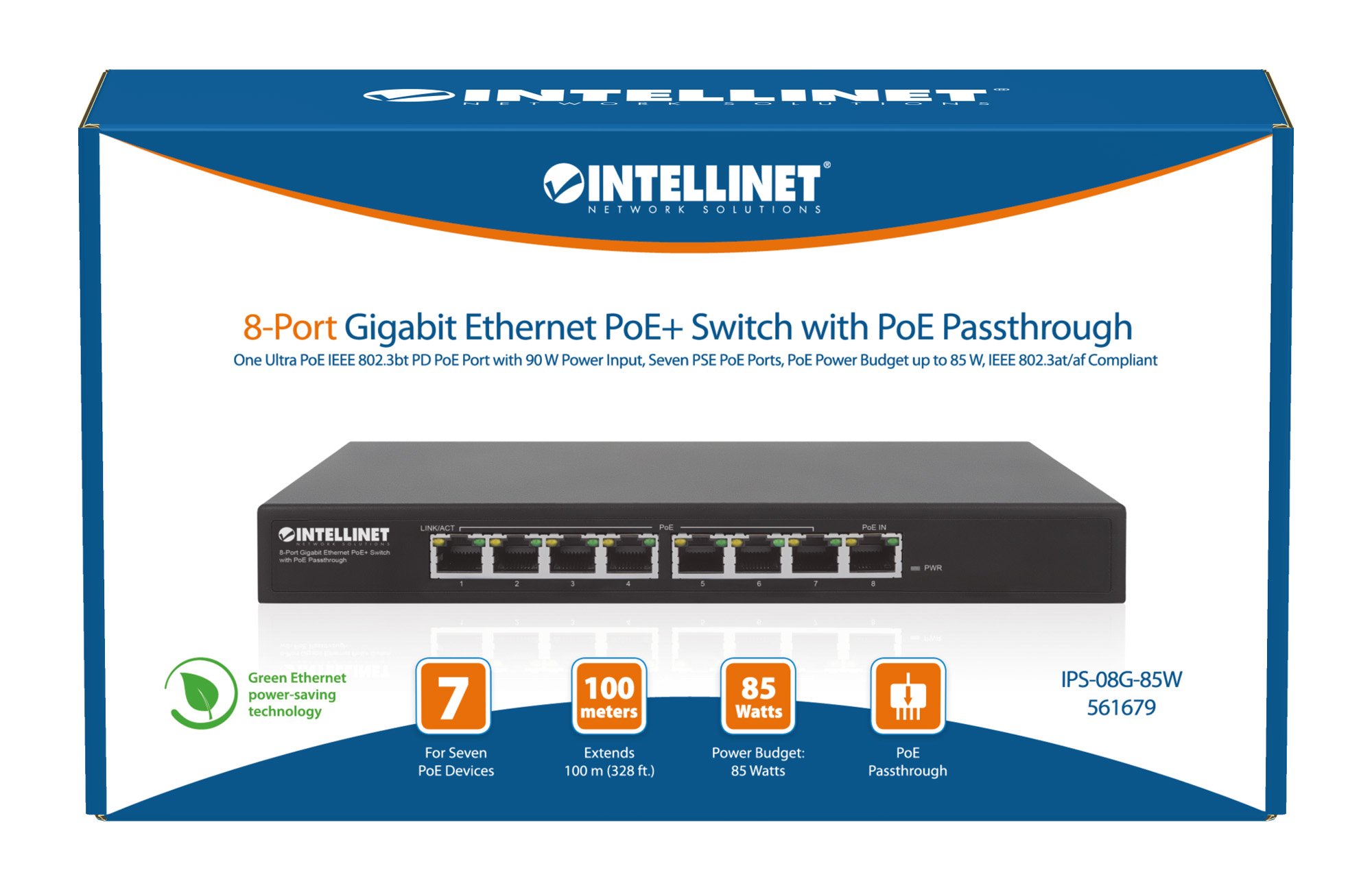 Switch PoE+ Gigabit Ethernet a 8 porte con passthrough PoE INTELLINET - immagine 8