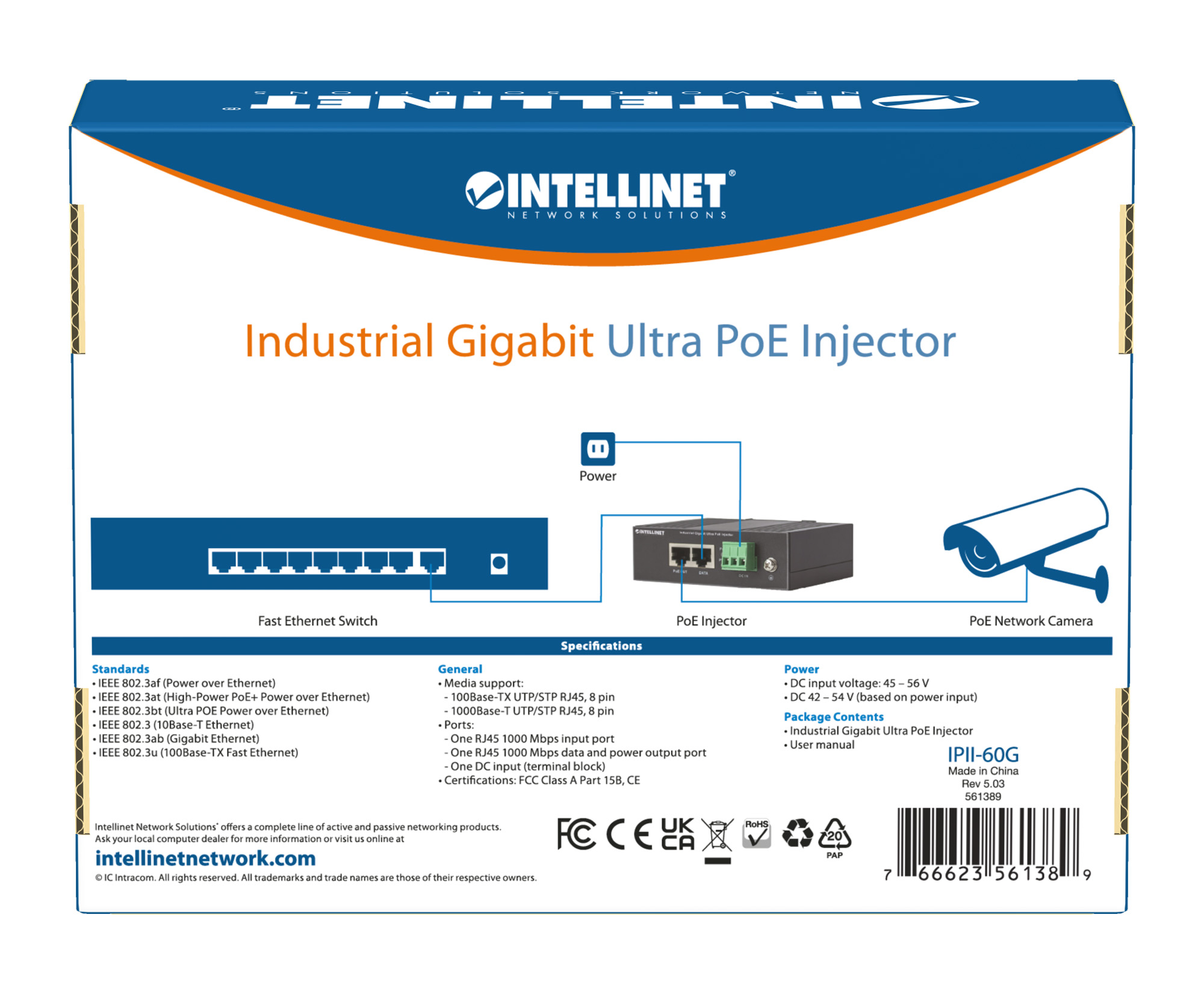 Iniettore Industriale per Guida DIN Gigabit Ultra PoE 60W INTELLINET - immagine 9