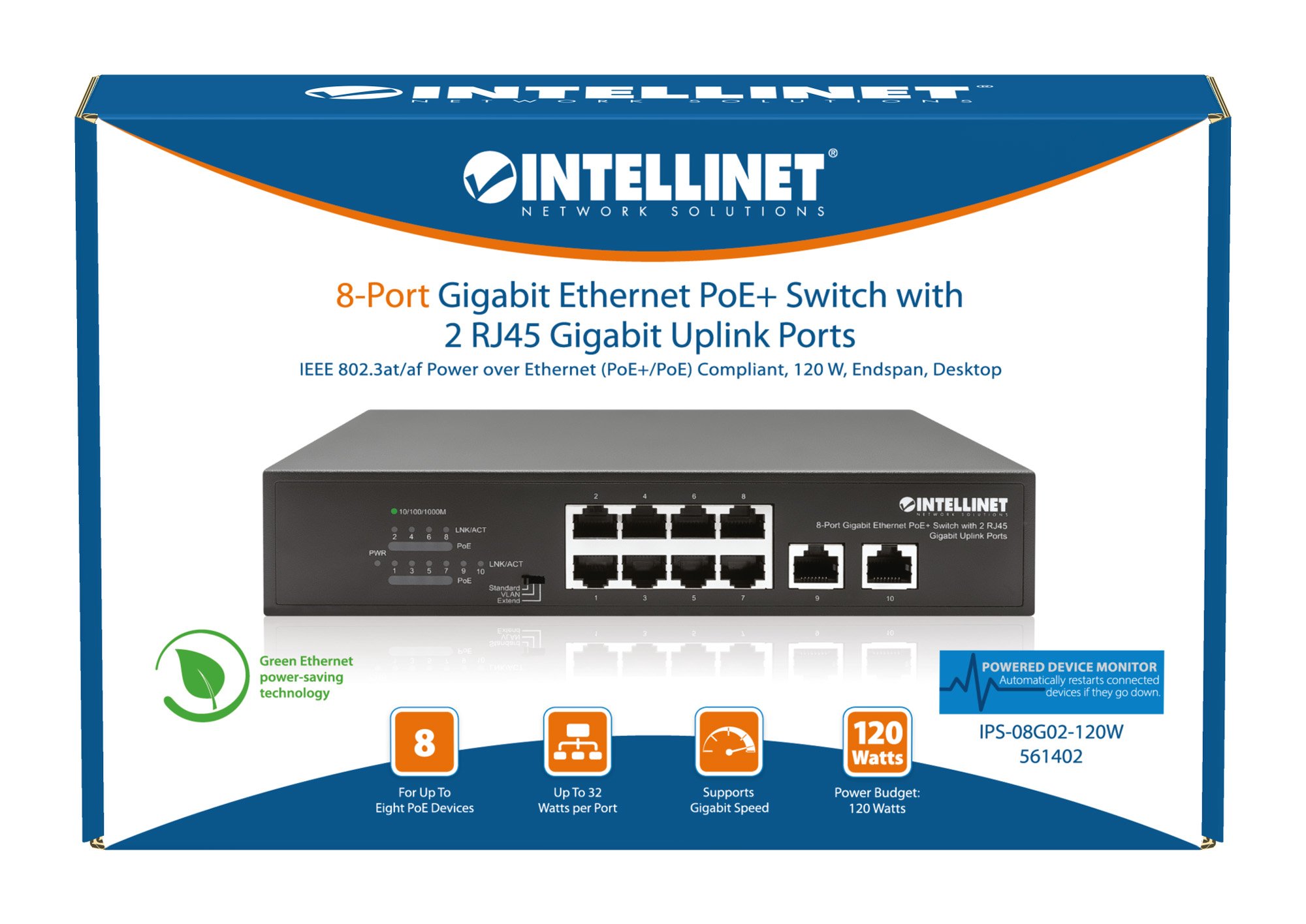 Switch Ethernet Gigabit 8 Porte PoE+ con 2 porte RJ45 Gigabit Uplink INTELLINET - immagine 8