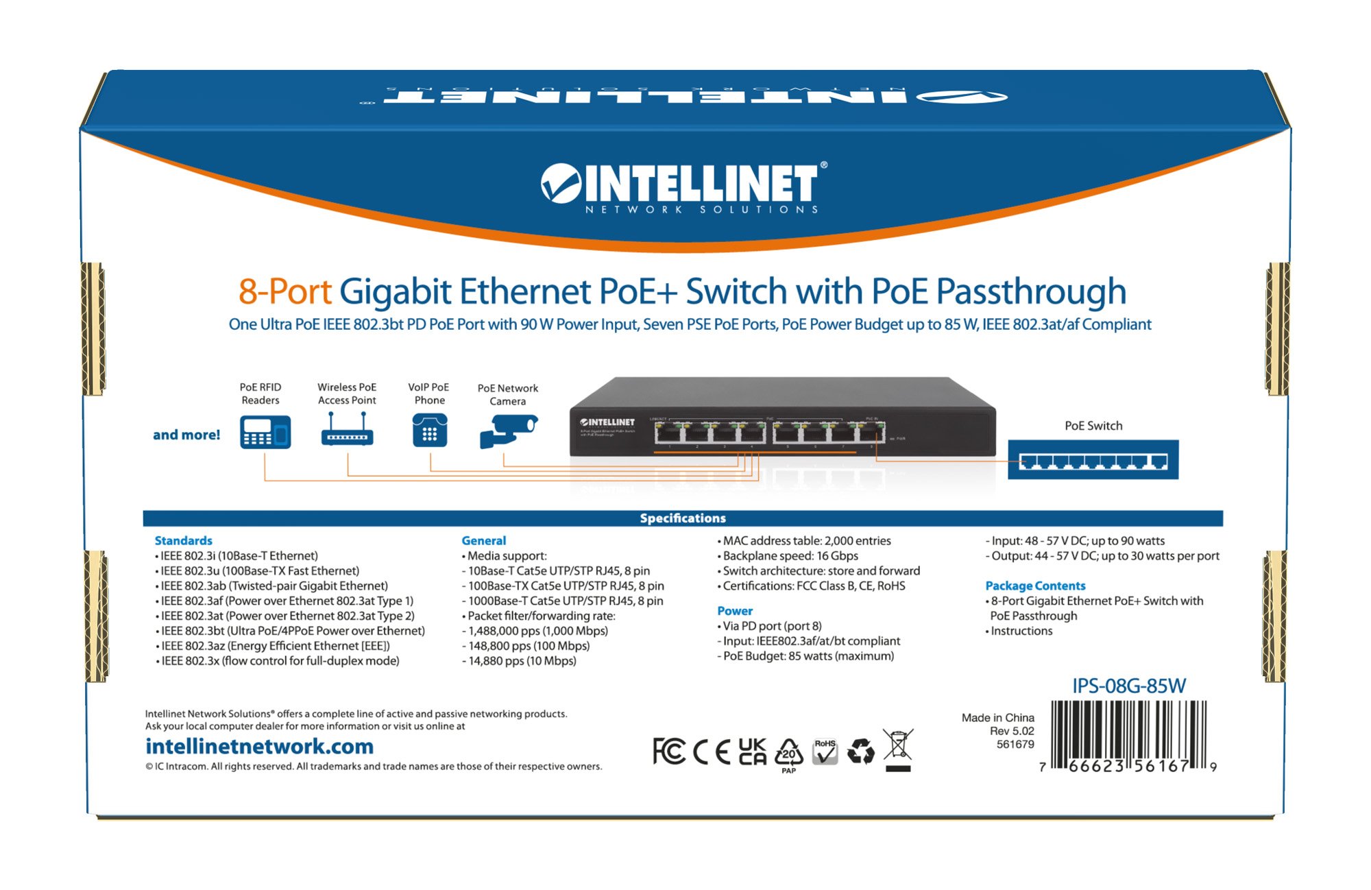 Switch PoE+ Gigabit Ethernet a 8 porte con passthrough PoE INTELLINET - immagine 9