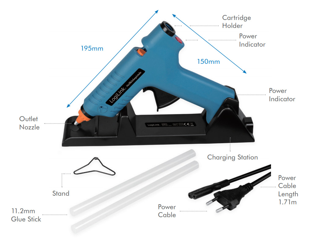 Pistola per Colla a Caldo Wireless, 80W, con supporto, blu LOGILINK - immagine 9