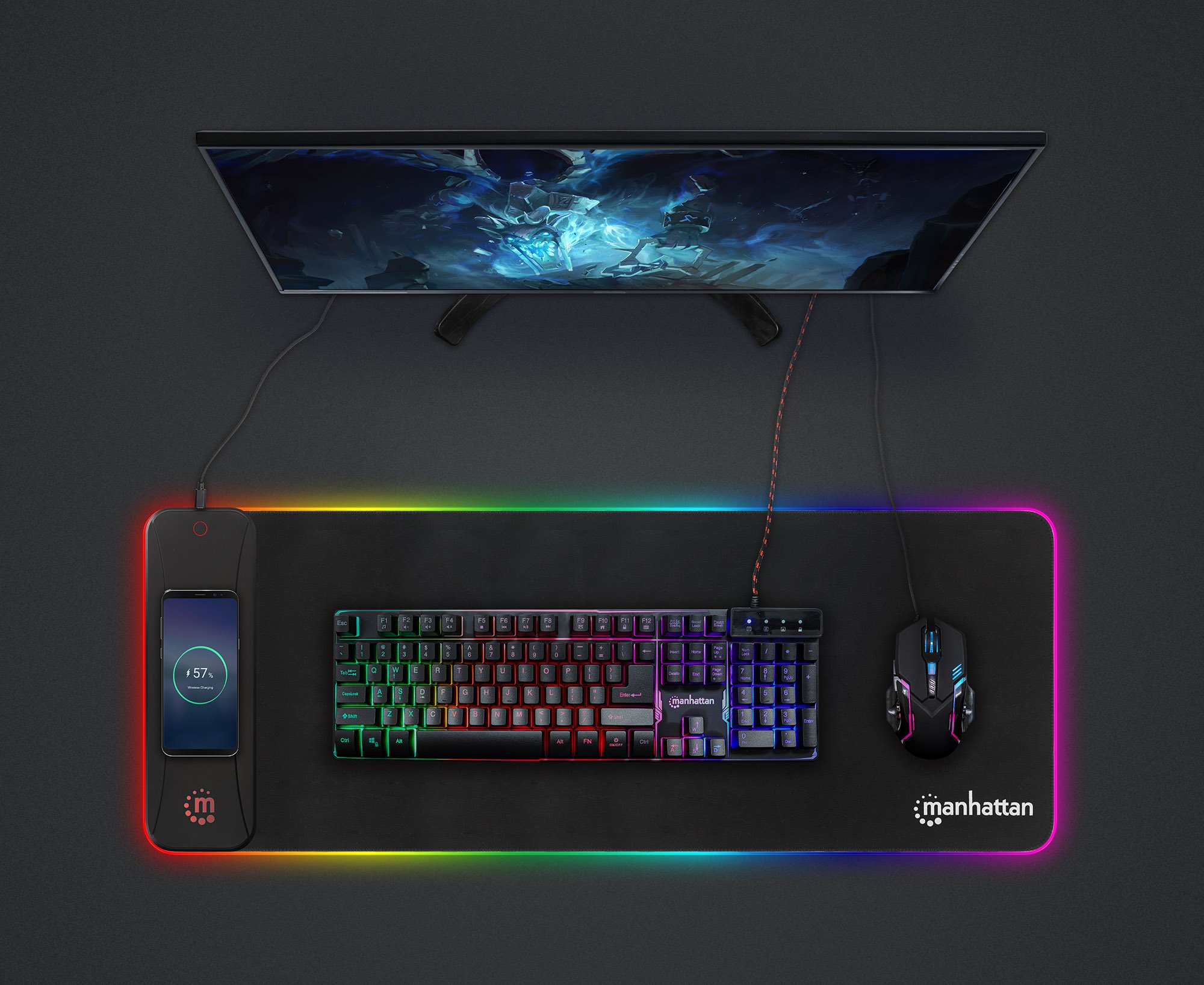 Tappetino Mouse Gaming XXL con LED RGB e Caricatore Wireless 10W MANHATTAN