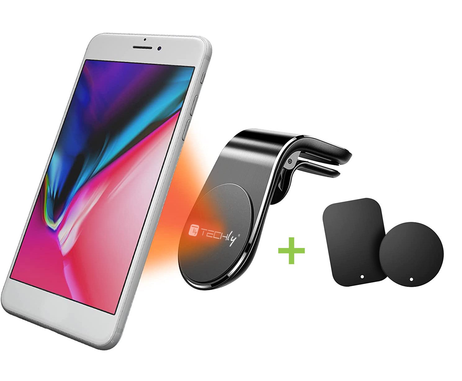 Supporto Magnetico da Auto per Smartphone con Due Placche Metalliche Universali TECHLY
