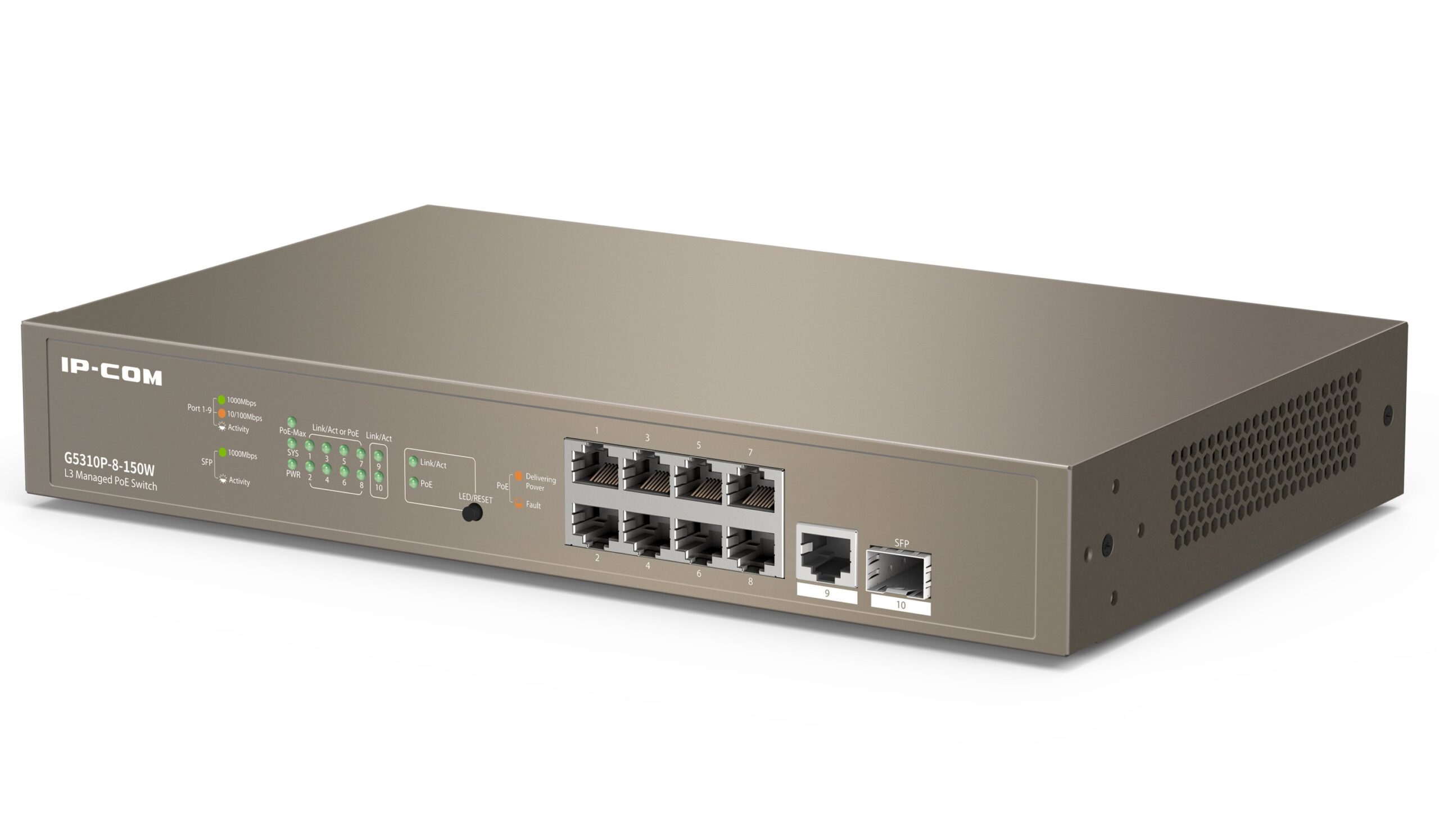 Switch Managed Ethernet Layer 3 Cloud PoE 9p Gigabit 1 SFP 130W IP-COM