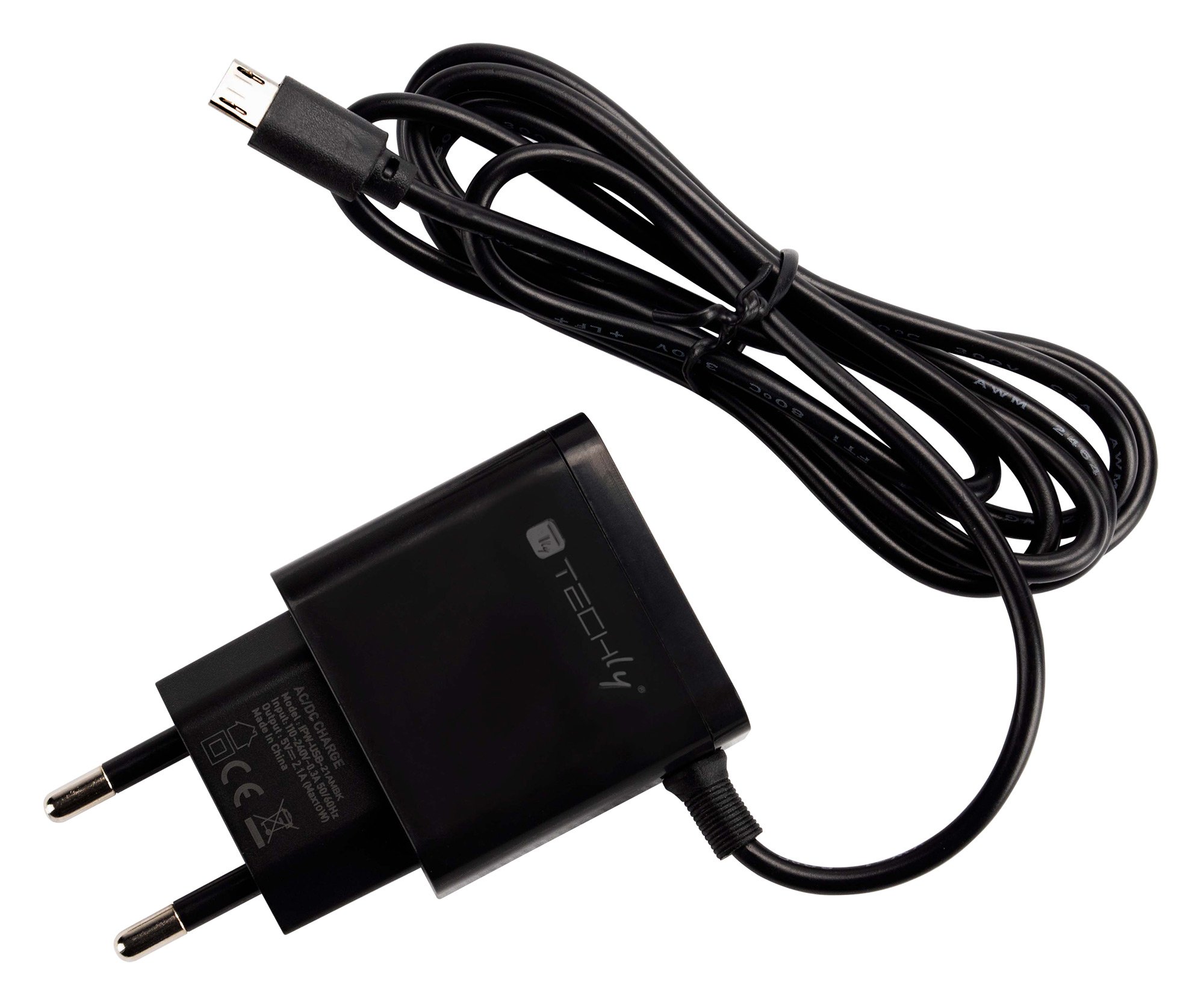 Caricabatterie Alimentatore Micro USB 5V 2.1A per Smartphone Tablet Nero TECHLY