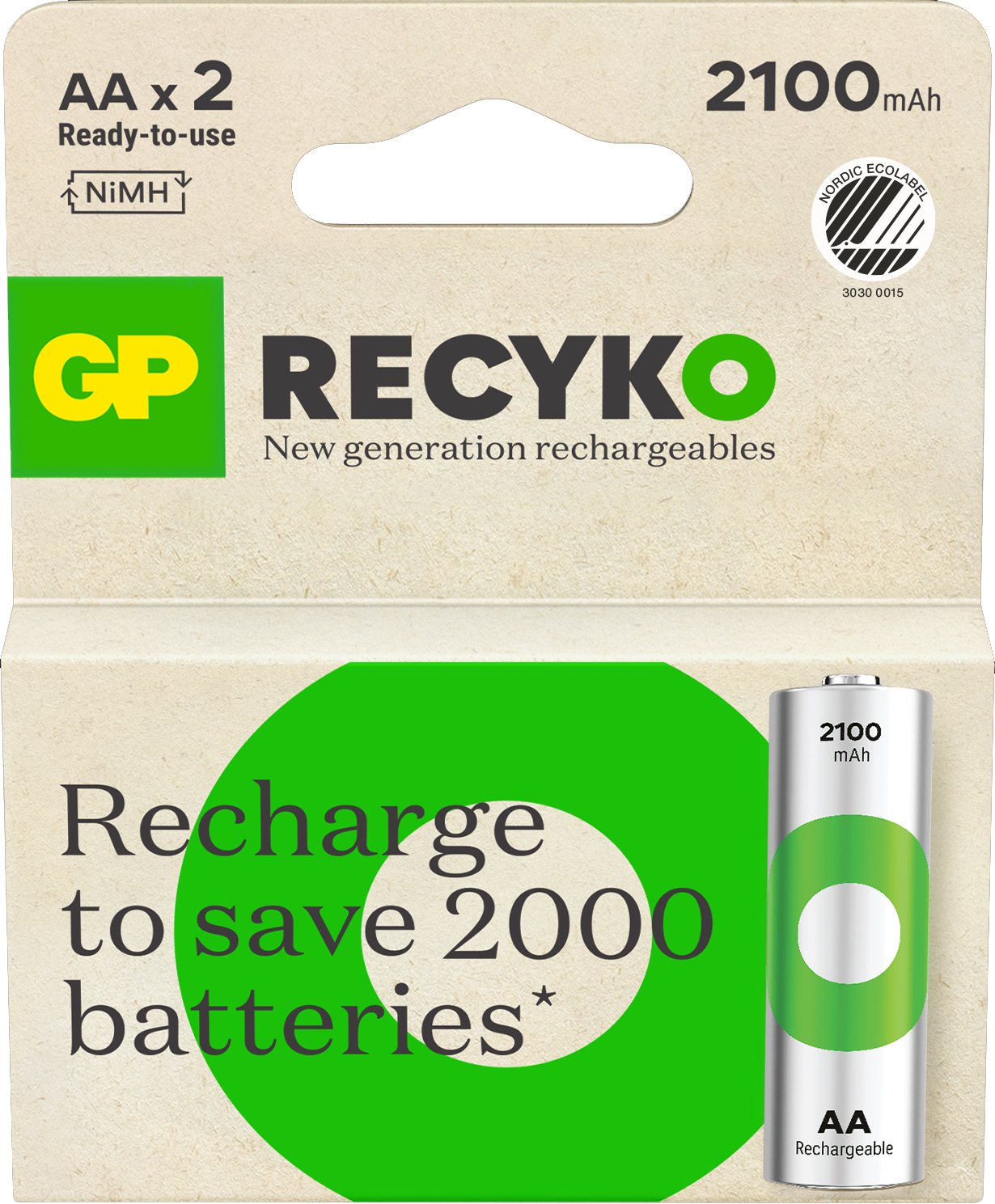 Blister 2 Batterie Ricaricabili Stilo AA 2100 mAh GP Recyko GP BATTERIES